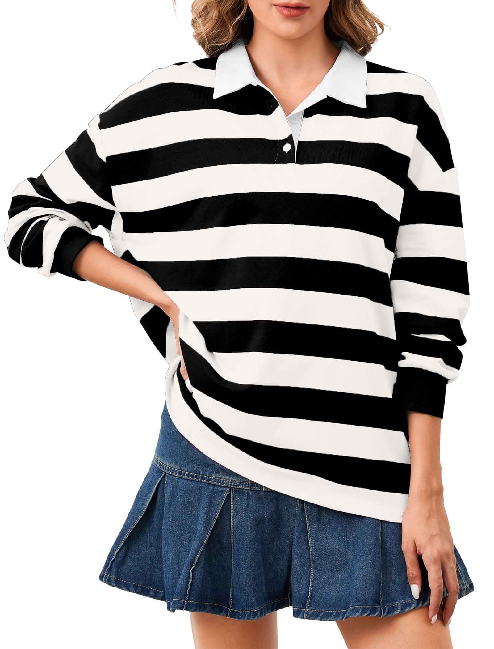 Women's Oversized Striped Polo Sweatshirt Long Sleeve Rugby Collared Pullover Tops Loose Fit Shirt Striped