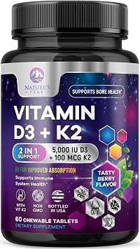 Vitamin D3 K2 - 5000 iu Vitamin D3 & 100 mcg Vitamin K2 MK-7 per Serving - Calcium Absorption, Bone & Heart Health Support - Berry Chewable, Gluten Free, Non-GMO, Bottled in USA - 60 Tablets