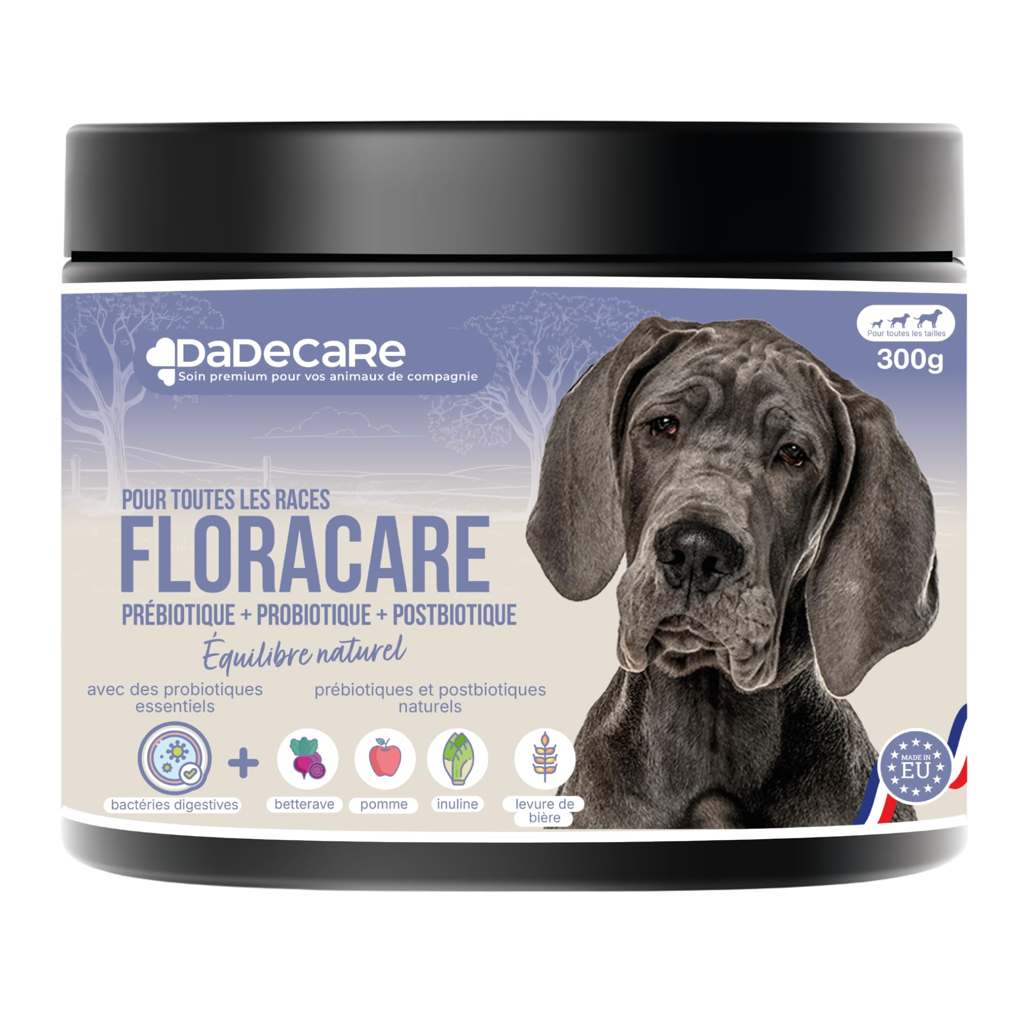 Floracare Probiotiques en poudre pour chiens 300 g – Répare la flore intestinale et améliore la digestion – Réduit les diarrhées et le stress – Idéal après traitements ou changement de nourriture avec