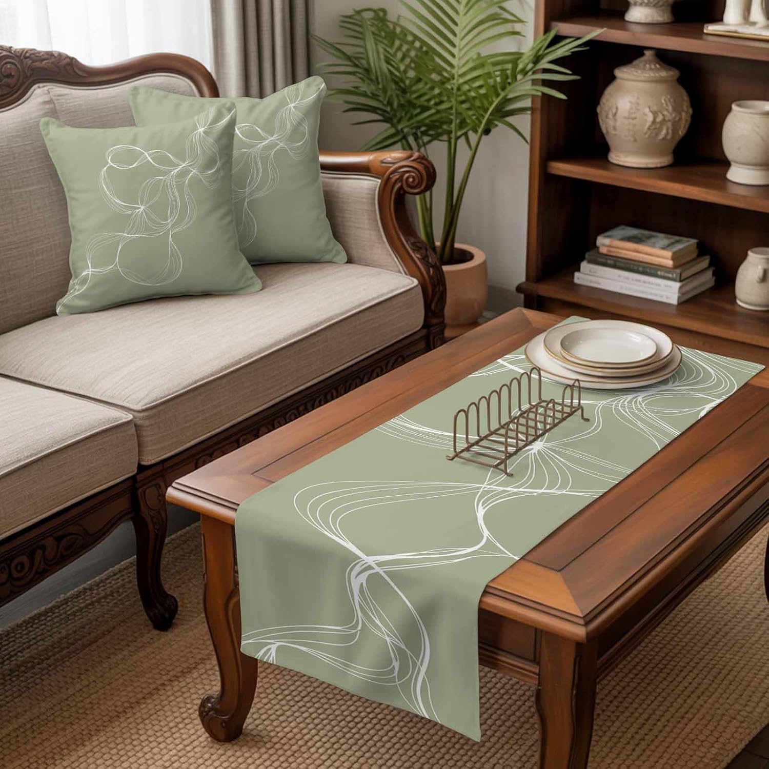 Sage Green Bed Runners for Queen Size Beds Minimalist Abstract Modern White Art Bed Scarf Matching Decorative Throw Pillow Covers Hotel Beds End Blanket Towel Soft Bedspread Protection for Bedroom