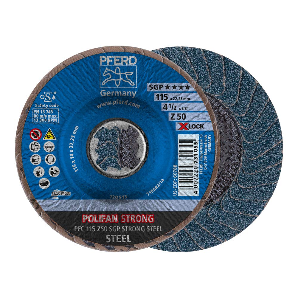 PFERD Disco abanico Polifan Strong, 10 unidades, 115 mm, Z50, X-Lock (22,23 mm), SGP Steel, 67788118 – para mayor eliminación y menor consumo de discos
