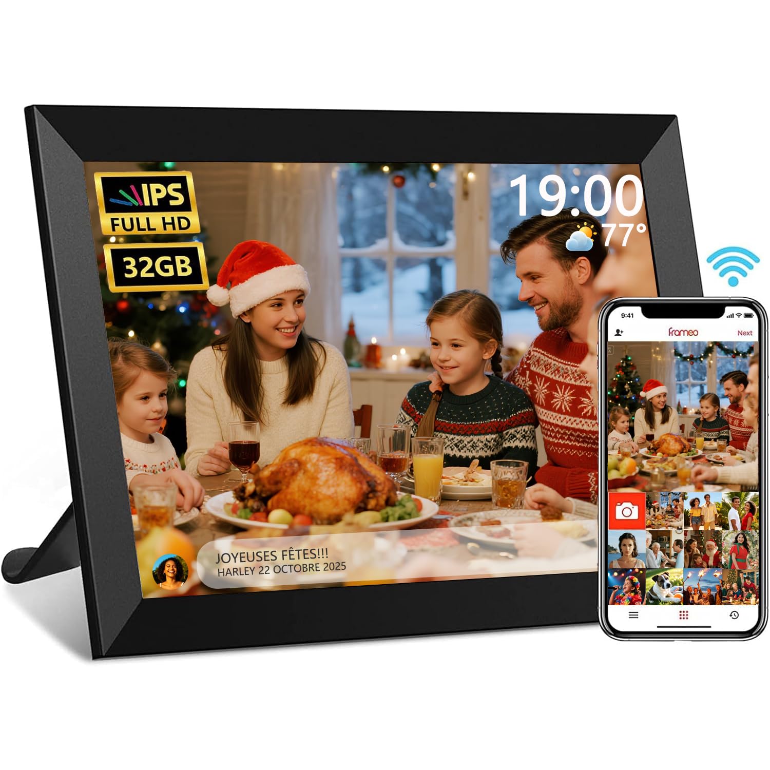 Cadre Photo Numérique WiFi - 10.1 Pouces IPS Écran Tactile Smart Cloud Connecté avec 32Go Espace, Partagez Instantanément des Clips Vidéo et Photos Via l'application Frameo,Rotation