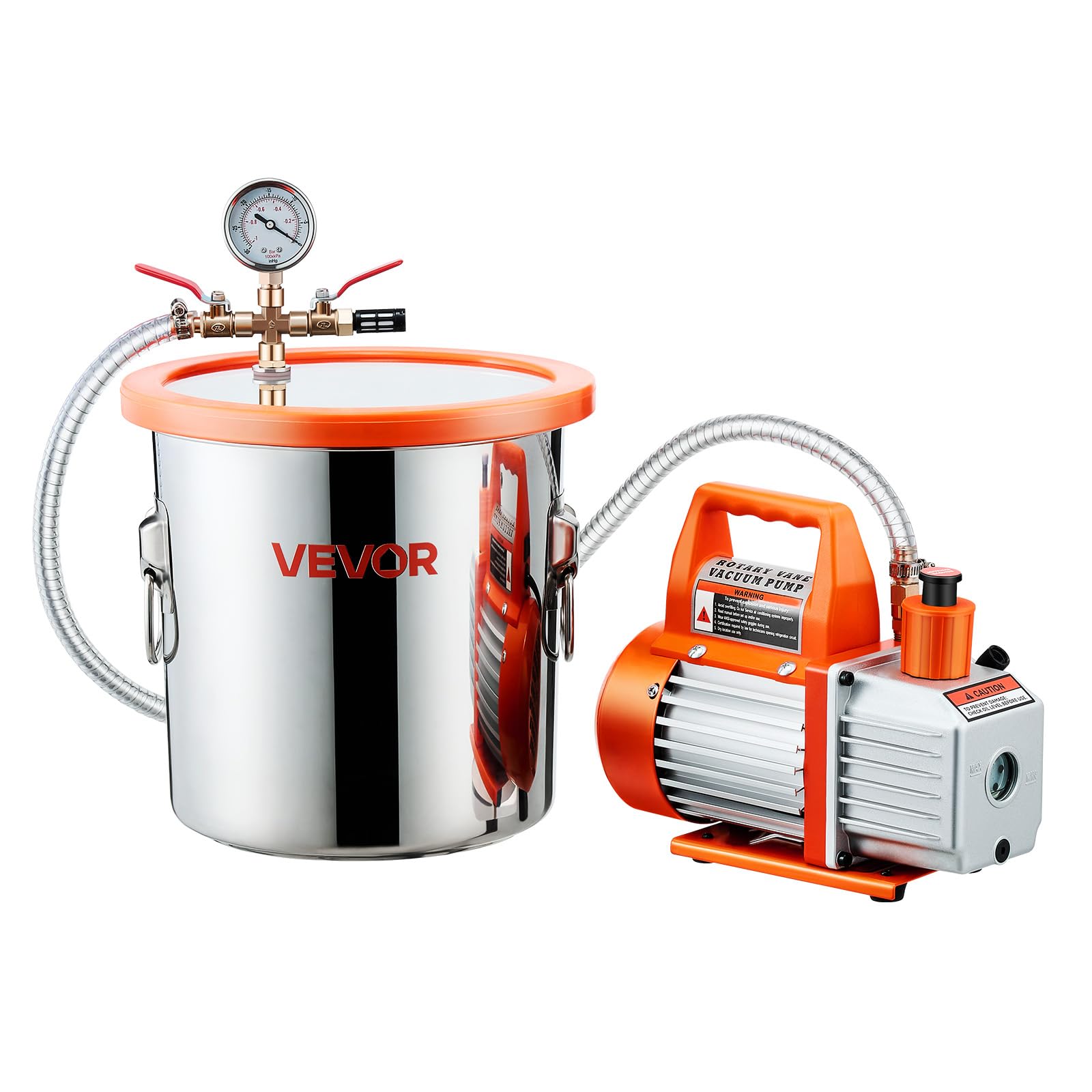VEVOR 11,36 L Vakuumkammer mit Pumpe, 99 L/min, Edelstahl, Entgasungskammer-Kit, einstufig, Deckel aus gehärtetem Glas, 1,5 m Schlauch, zur Stabilisierung von Holzentgasungs-Silikonharz