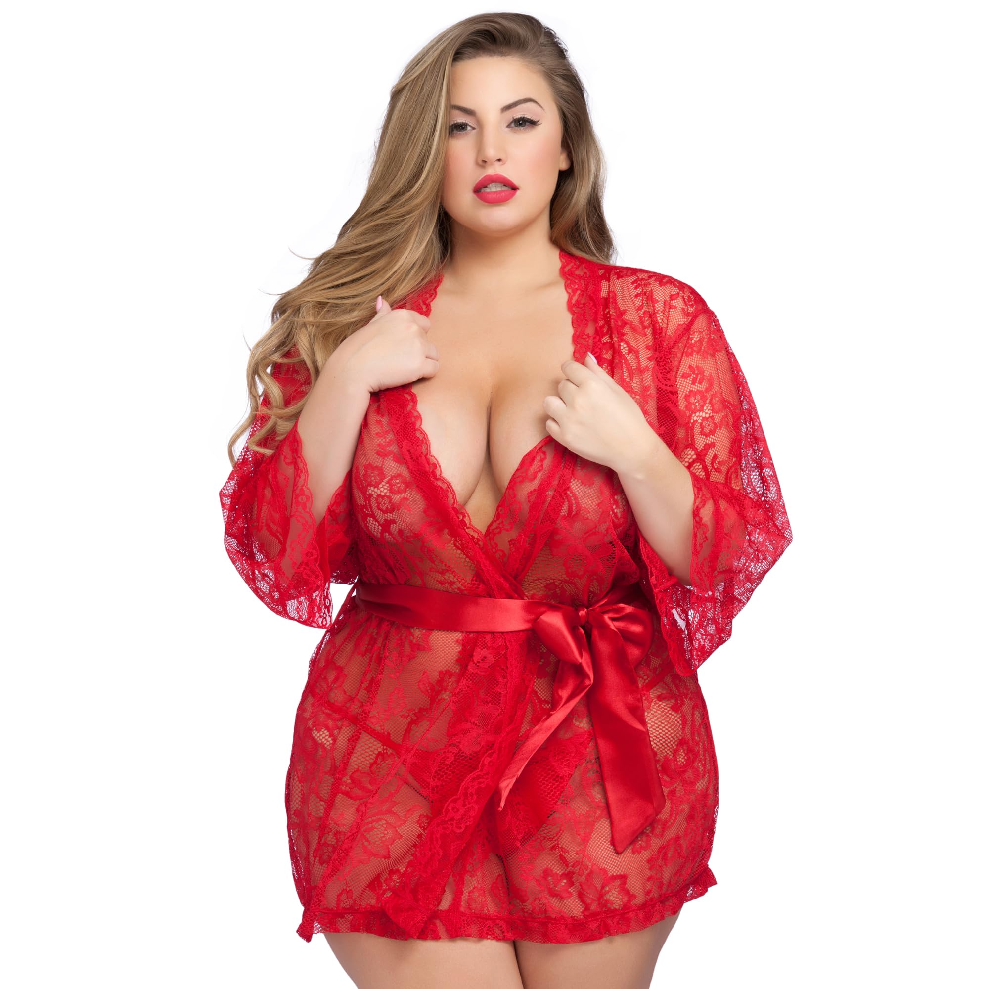 Lovehoney Women's Red Lingerie Luxurious Flaunt Me Lace Nightgown For - Lace Robe With Floral Trim And Wide Sleeves - One : Size 6-16