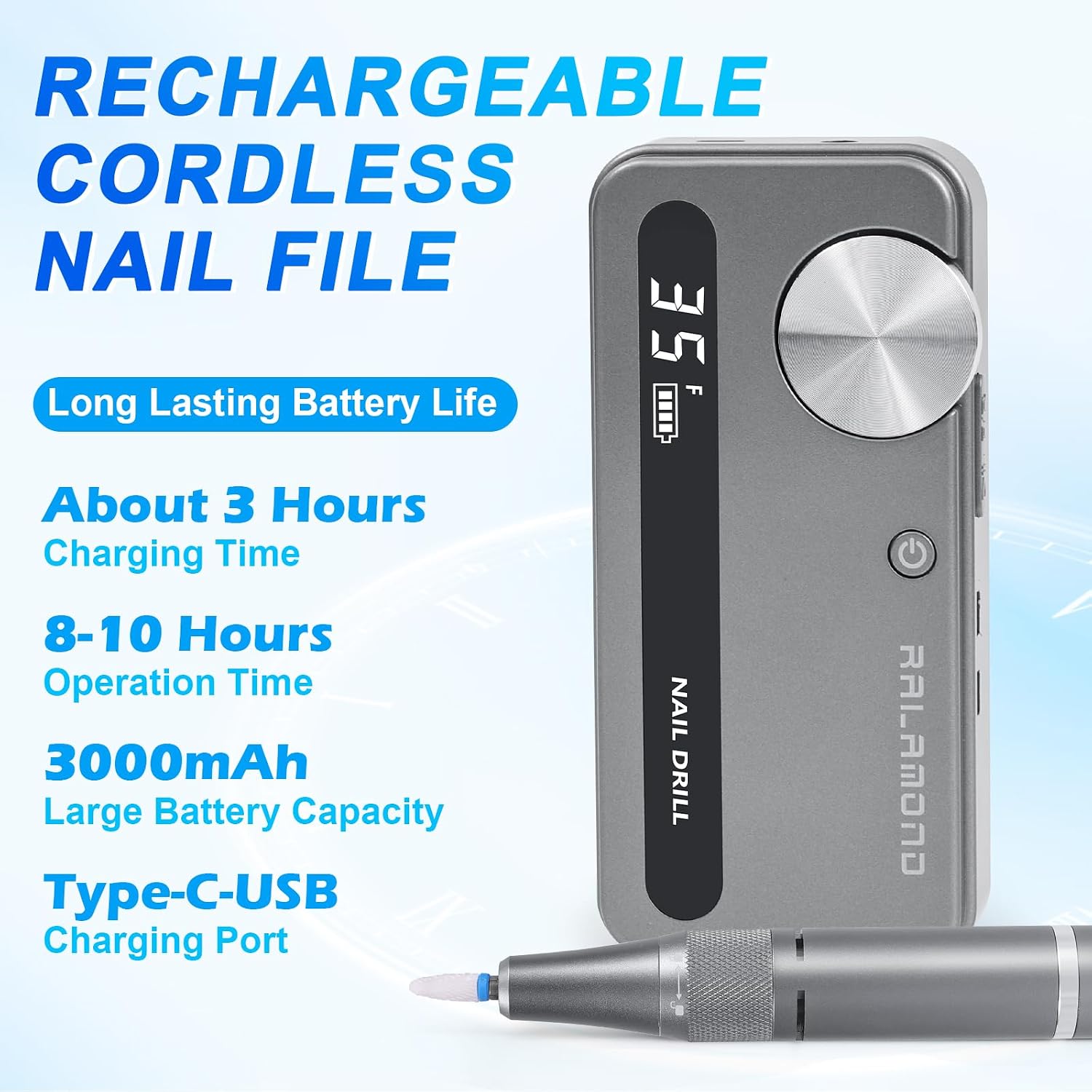 Cordless Nail Drill, 35000 RPM Rechargeable Electric Nail File, Professional Nail Drill Kit Adjustable Speed & Direction, Portable Cordless Manicure Tools for Salon & Home (Grey)
