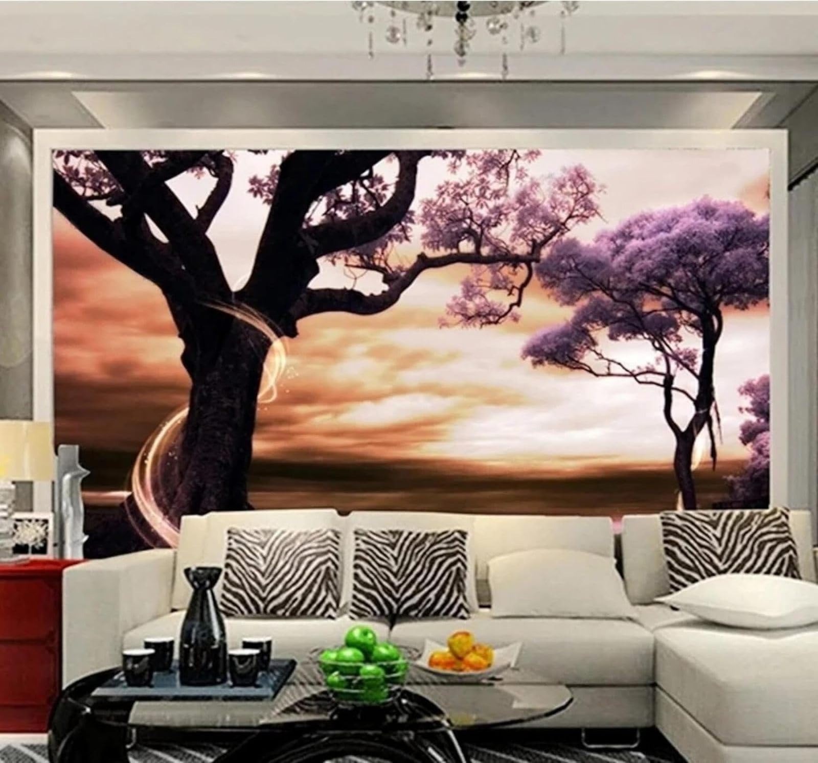 Tzxztt 400Cm×280Cm(B×H) Aesthetic Sunset Purple Large Tree Landscape Modern 3D Wallpaper Premium Textured Silk Neutral Tones Material Ideal For Living Room Bedroom-400Cm×280Cm