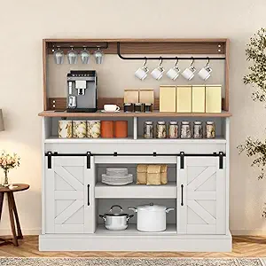 DWVO Farmhouse Buffet Cabinets, 47" Coffee Bar with Goblet Holder & Power Outlet, Sliding Barn Door Sideboard Cabinet for Kitchen & Living Room Storage (White)