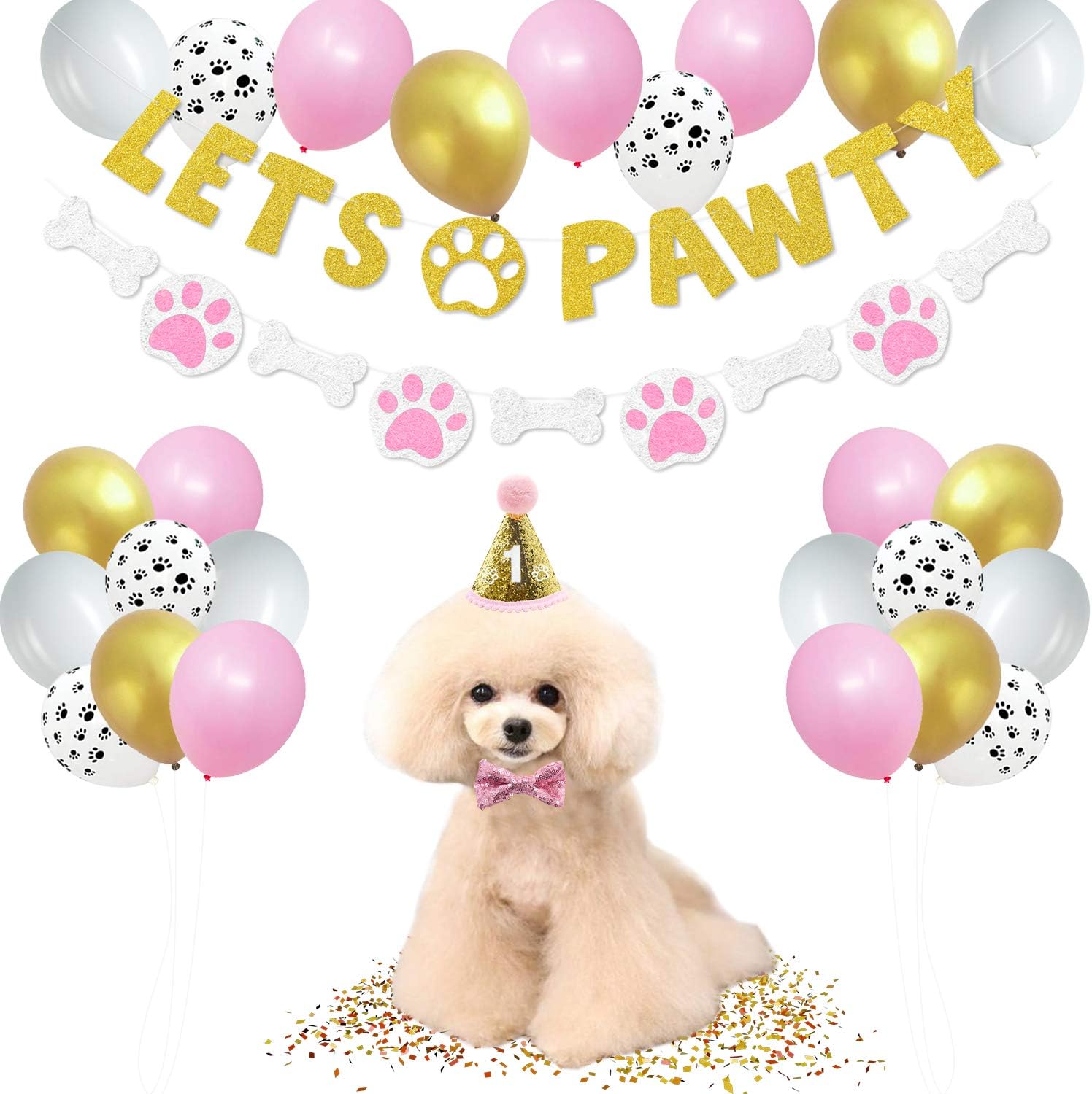 44 Pack Lets Pawty Puppy Girls Birthday Favors│Pet Adoption Party Supplies Kits Gold Glitter Banner Paws Print Balloons Pink and Gold Hat Bow Tie Doggie Bone Photo Props Ideas Woof Ruff Decoration