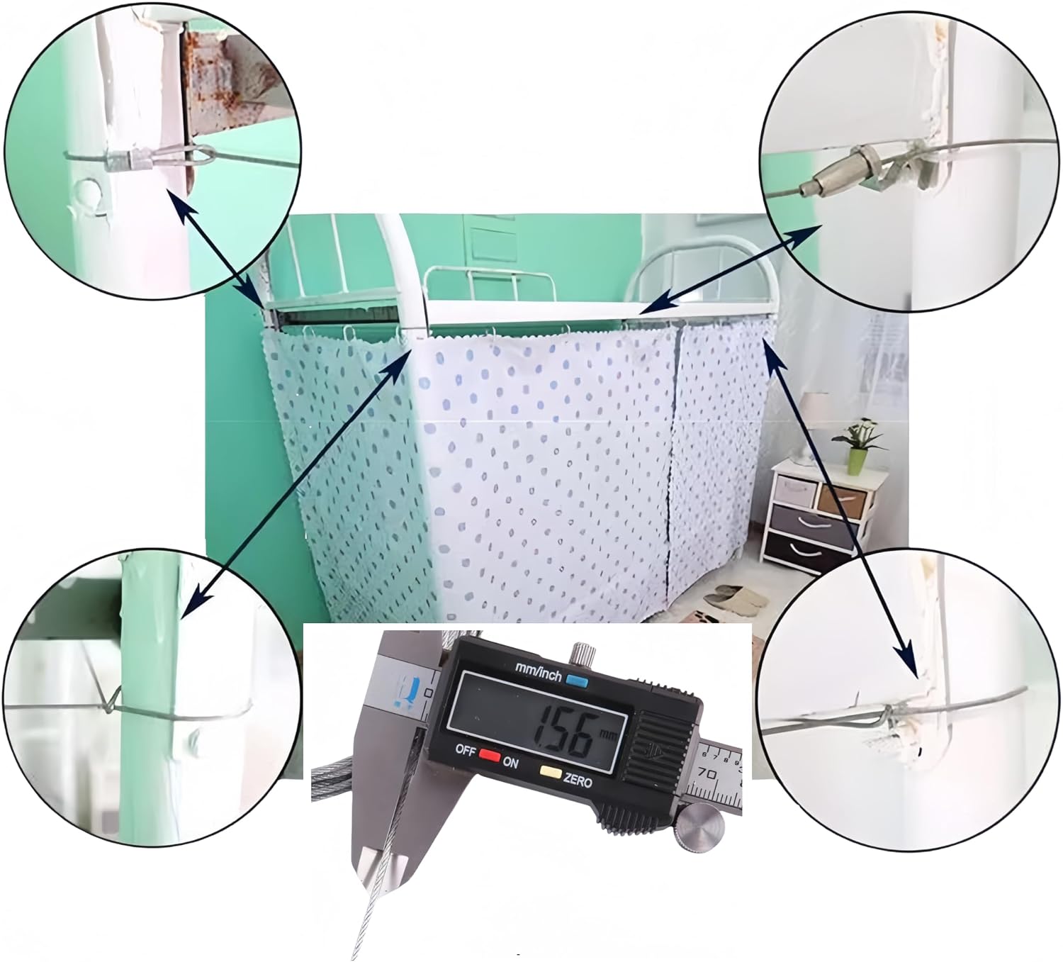 Bunk Bed Curtain Track Stainless Steel Wire No Sagging for Twin Top Bottom, 4.4m for 2 Panels