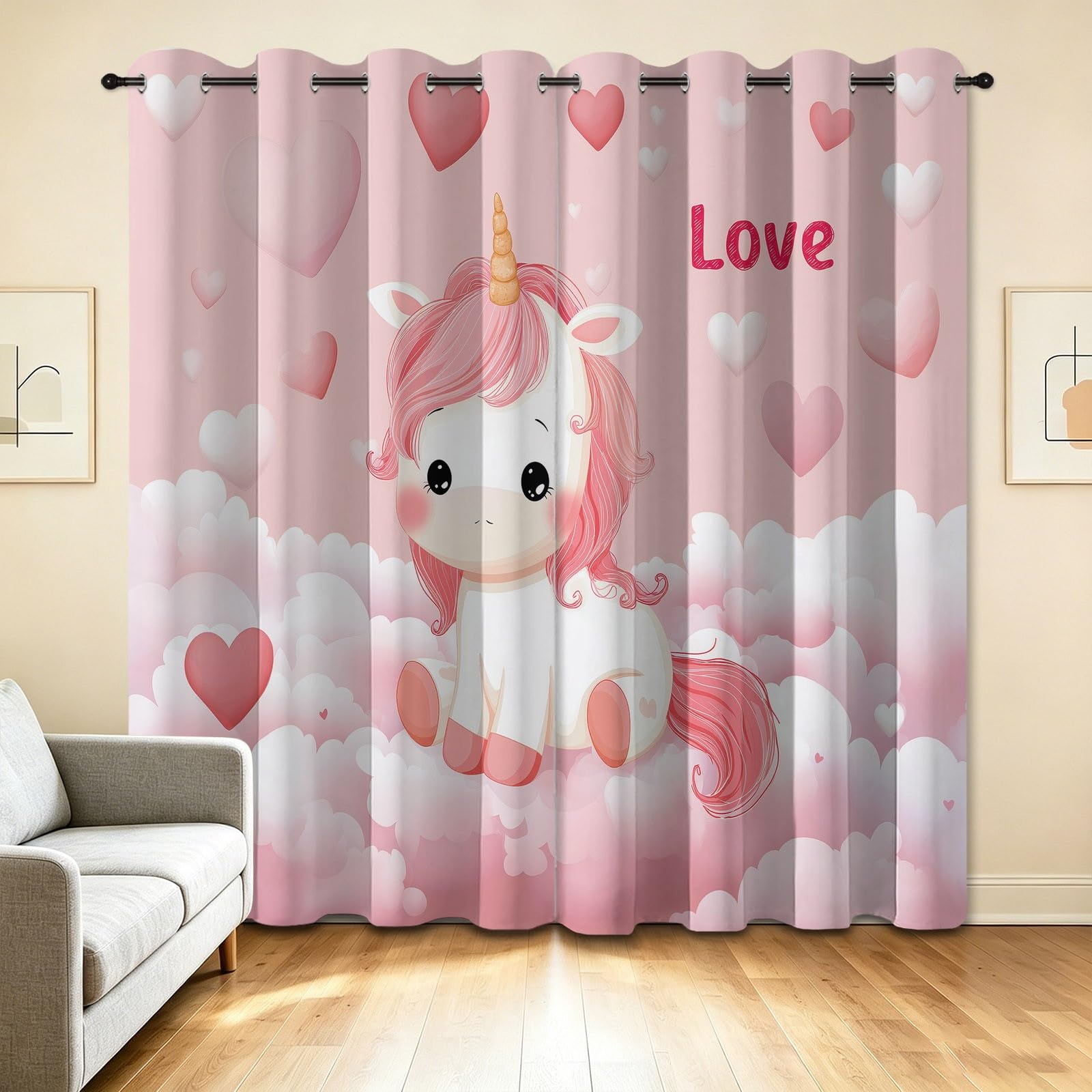 Rideau Occultant Thermiques Anti Froid Licorne Dessin Animé Nuages Cœur, 117 x 229 cm(LxH), Rideau Isolant Anti-Bruit, Économie d'Énergie, Idéal pour Chambre d'Enfant Jardin d'Enfants, Rose, 2 Pièces
