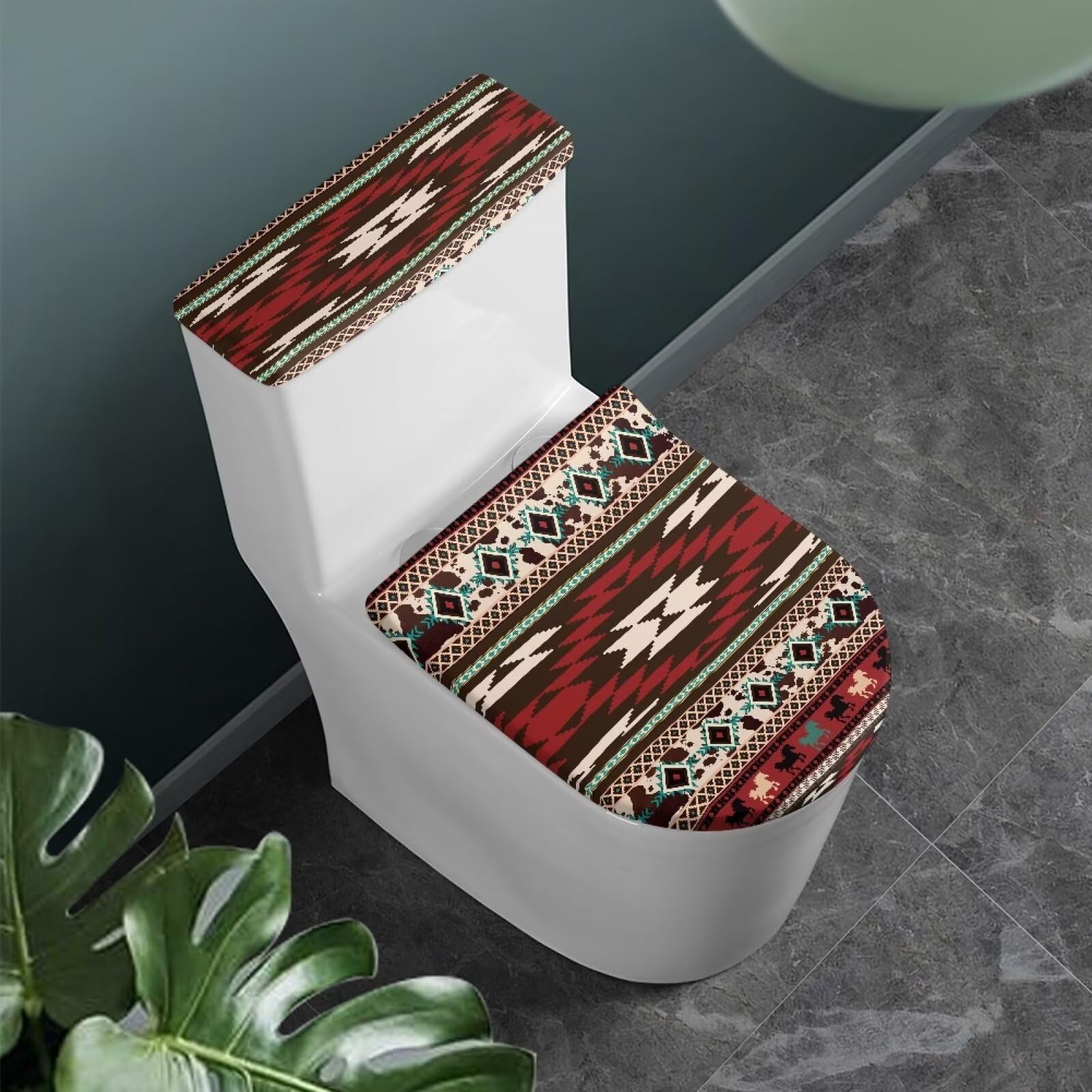 JUDENTIDOS Toilet Cover Toilet Seat Cover Set Southwest Red Aztec Horse Native American 2 Pieces Toilet Lid Seat Protective Cover with Elastic Bottom for Bathroom Decor Accessories