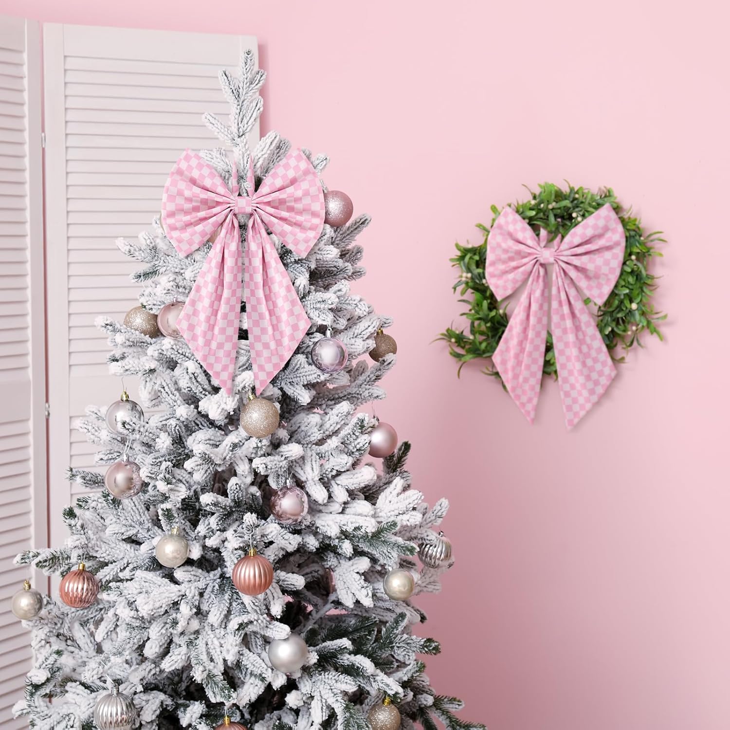2 Pcs Pink White Buffalo Plaid Christmas Wreath Bows 19.6'' x 11.8'' Large Christmas Tree Topper Ornament Wreath Sash for Front Door Xmas Party Yard Doorway Indoor Outdoor Wall Decoration - Image 7