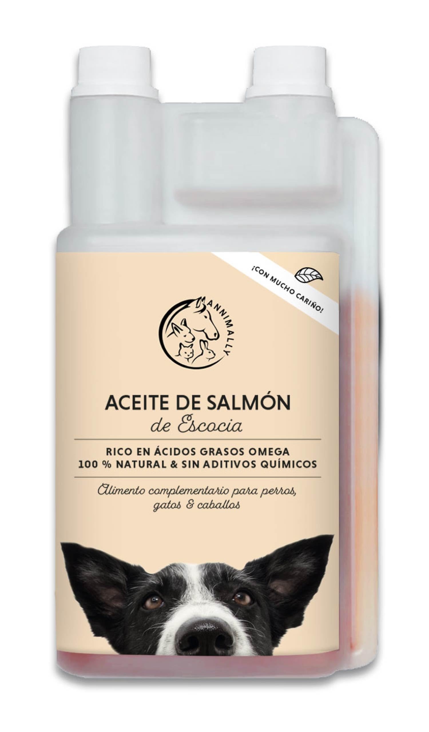 Annimally Aceite de Salmón Escocés para Perros, Gatos y Caballos 1 Litro - con 30% de Ácidos Grasos Omega 3 y 6 - Aceite de Pescado para Dieta Barf - Producto Natural Puro
