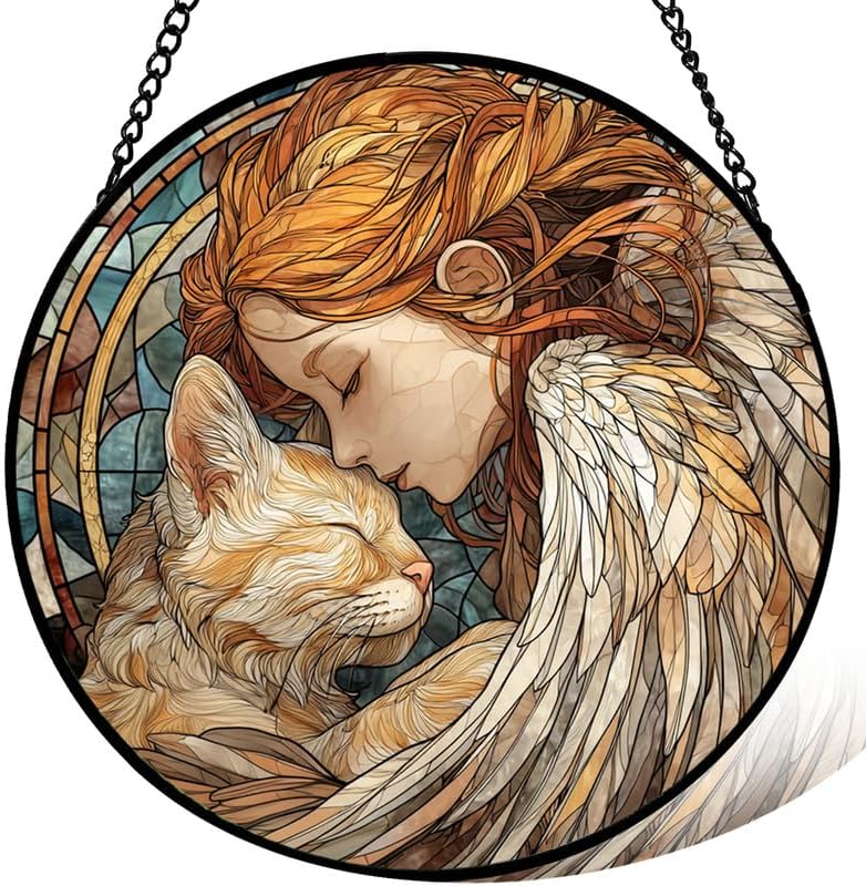 11.8in Stained Glass Window Hanging， Angel with Cat Sun Catchers Indoor Window， Core Decor Inside and Outside The Cottage，Gifts for Women -548
