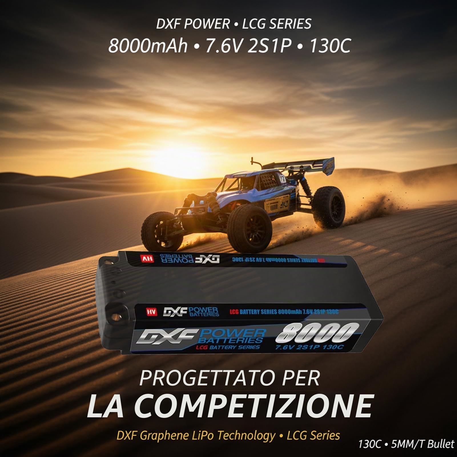 DXF Batteria LiPo 2S 7.6V 8000mAh 130C HV Spina Deans T Bullet 5mm Auto RC 1/8 1/10 Truck Buggy Alte Prestazioni Compatta Leggera Potente Gare Racing Modellismo 2 Pezzi