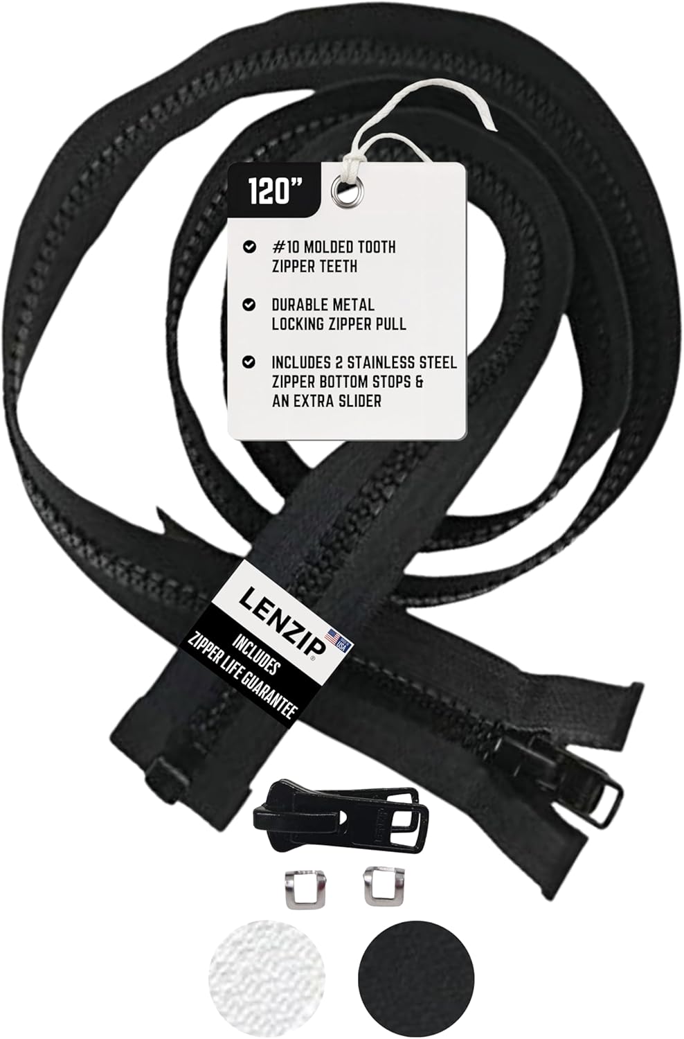EZ-Xtend Lenzip #10 Separating Zipper for Canvas - Heavy Duty Cut to Length w/Double Metal Locking Pull - Includes Stainless Steel Zipper Bottom Stop and Extra Slider Replacement (White, 96")
