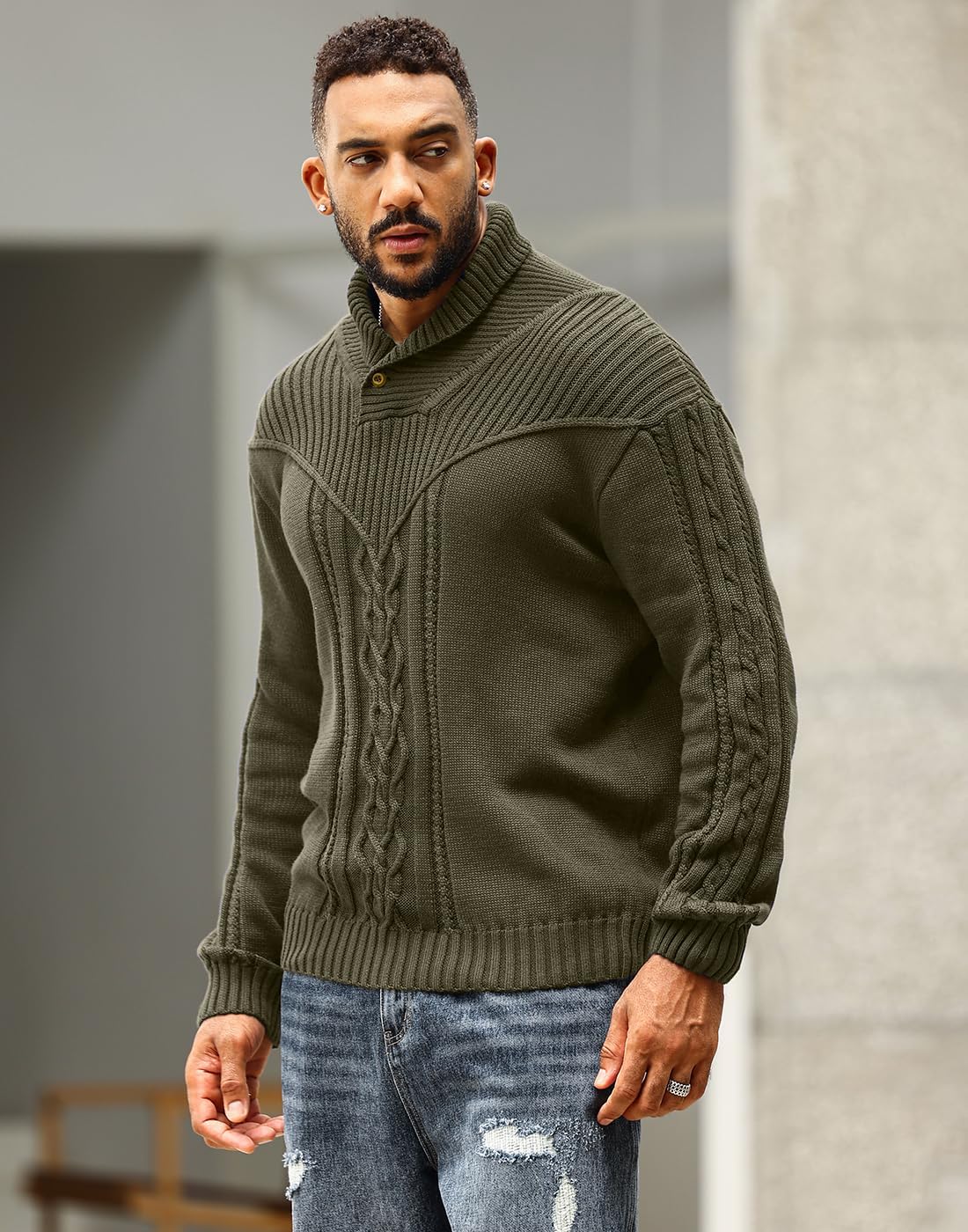 Men's Shawl Collar Pullover Sweater Casual Button Cable Knit Sweaters - Image 2