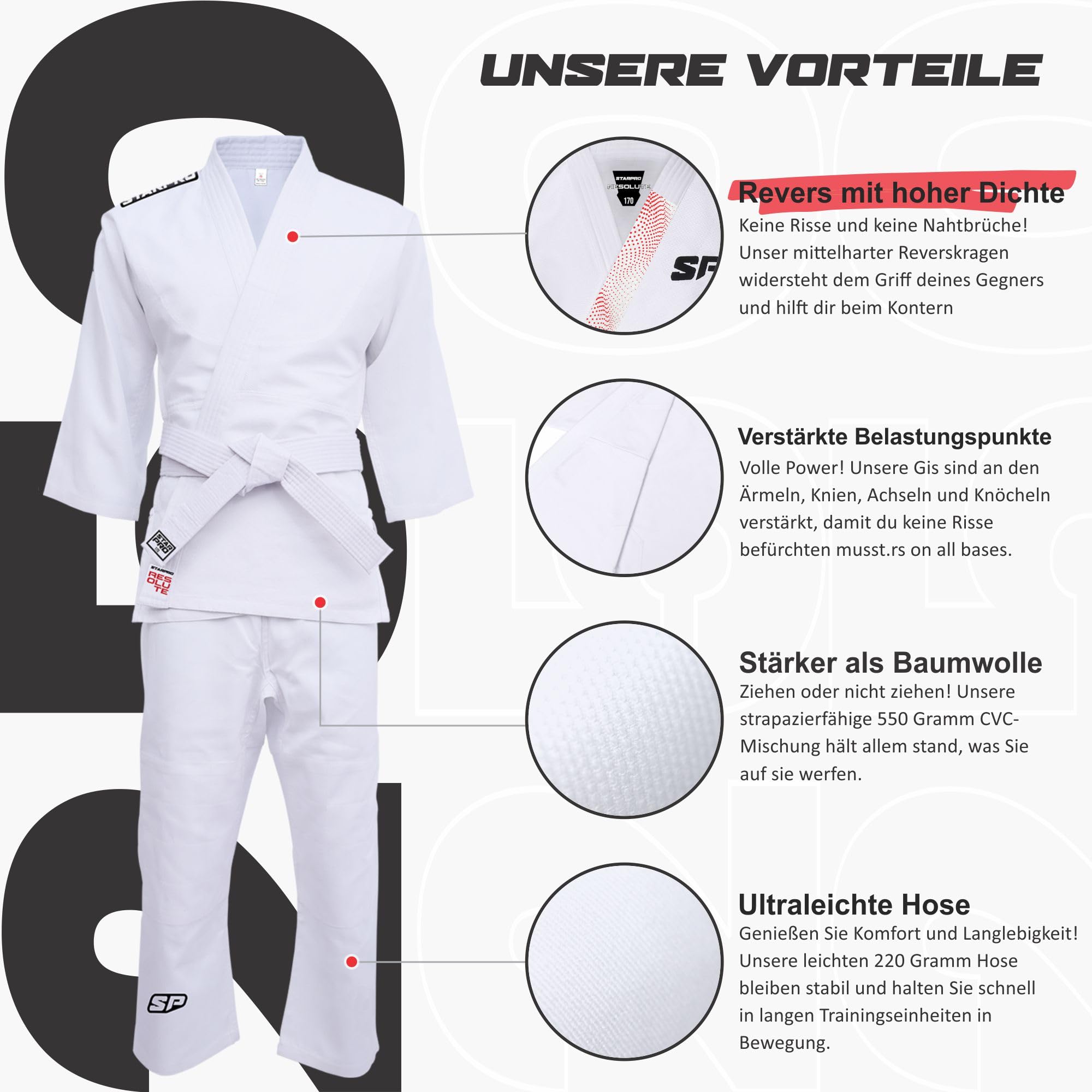 Starpro Judoanzug für Kinder 100% Baumwolle 250 g/m² Weißer Gürtel Größen 100-170 cm