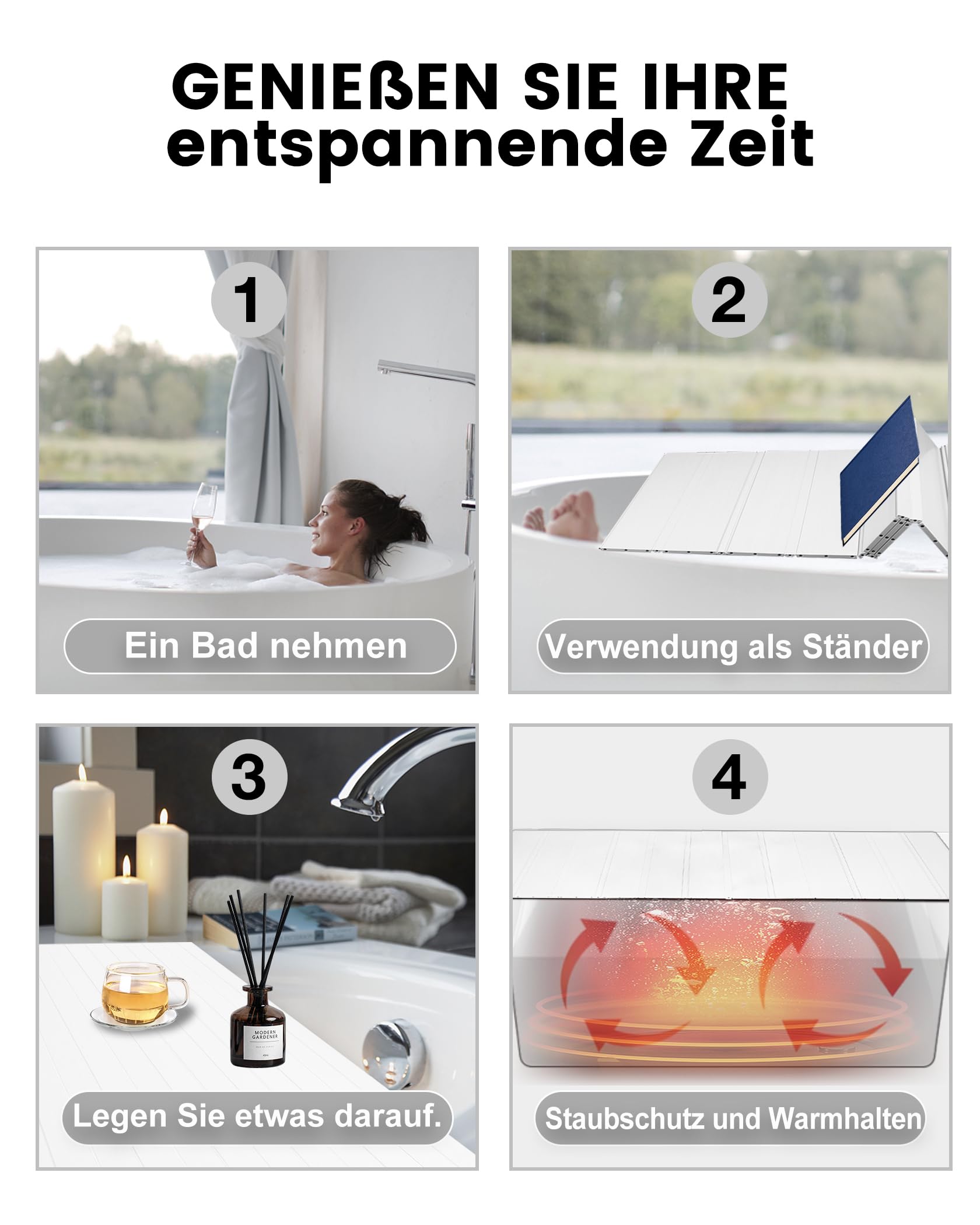 80x180cm Badewannenabdeckung bis 10kg Belastbar - 12mm Badewannenbretter Faltbare Badewannenablage Dämmplatte Staubdicht Wasserdicht für Haus Badewannen Badezimmer SPA Weiß