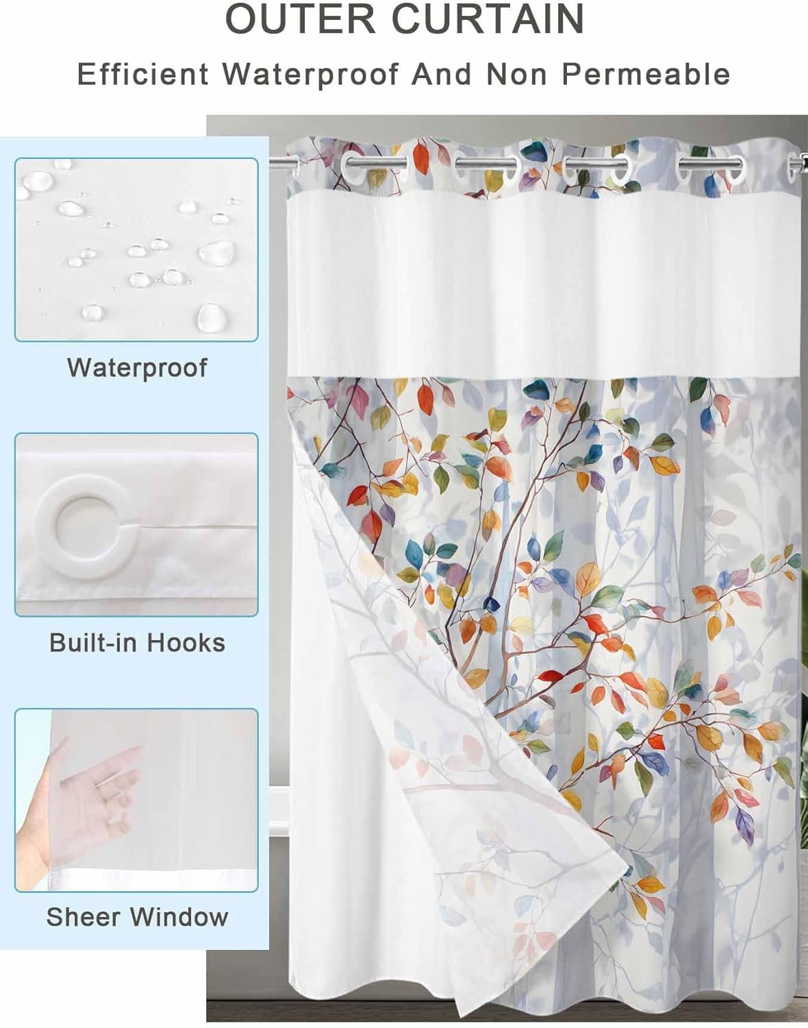 No Hook Shower Curtain, Colorful Leaves Standard Shower Curtains with Snap in Liner, Modern Abstract Spring Nature Tree Branch Waterproof Washable Fabric Bathroom Curtain Sets, 60" x 72"