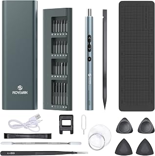 Roylvan Electric Screwdriver, 62-in-1 Mini Rechargeable Cordless Precision Screwdriver Set with LED Light and 48 Magnetic Bits, Repair Tool Kit with Case for Watches Cameras Phone Laptop, Gray