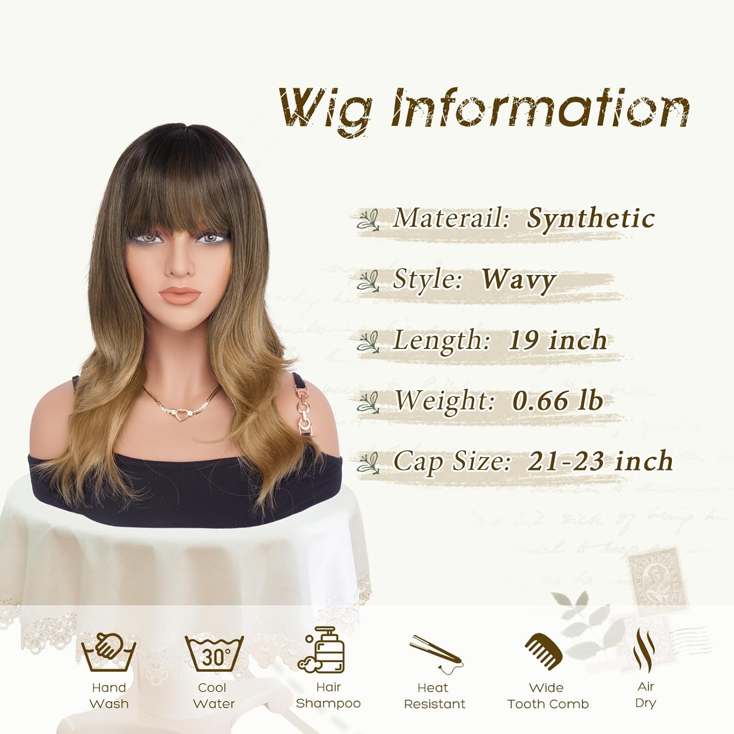 Haloo Brown Wigs with Bangs - 19 Inch Natural Wavy Synthetic Heat Resistant Medium Length Hair Wigs for Women Daily Party, Ombre Brown - Image 5