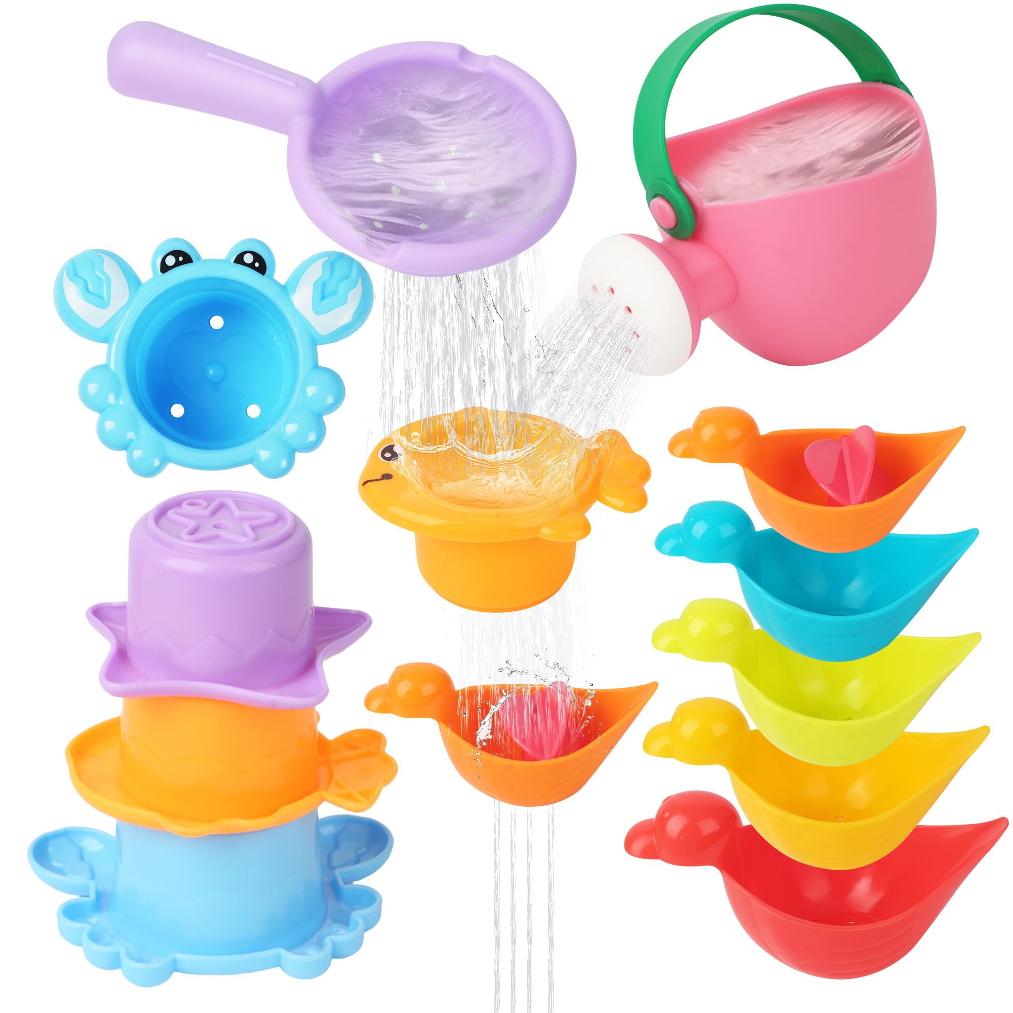 10 Pezzi Giocattoli da Bagno per Bambini, Giochi Bagnetto Neonato Antimuffa, Senza Fori Animali Marini, Musica Impilata, Colori Casuali