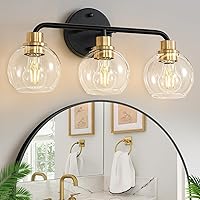 Vista 10 de Lámparas de baño doradas para tocador, 3 luces, apliques de pared, luces de latón cepillado con pantallas de vidrio globo transparente, lámpara