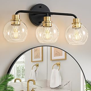3 Light Bathroom Vanity Light, Black and Gold Bathroom Light Fixtures wi...