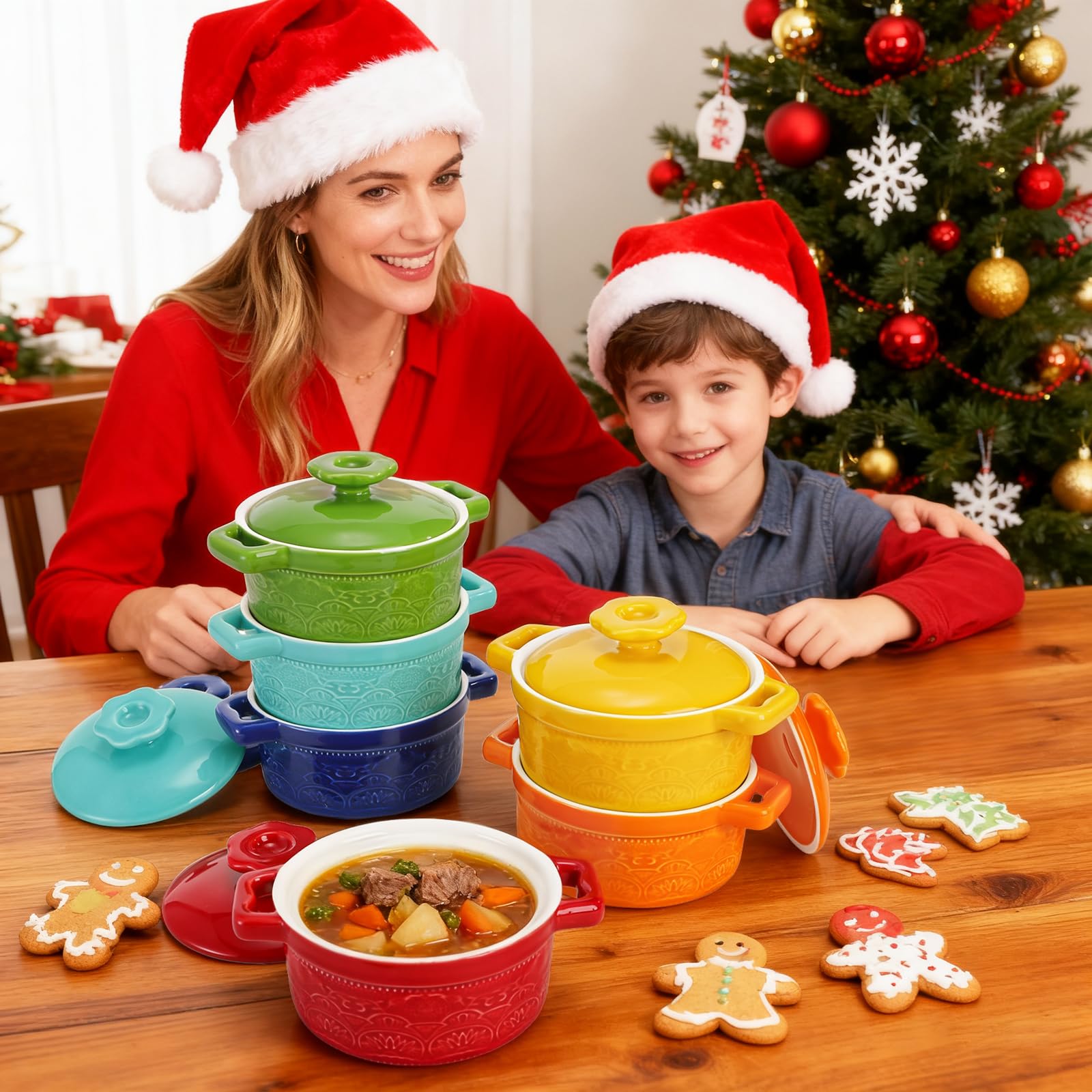 Hacaroa Set mit 6 Mini-Kokotte-Auflaufförmchen mit Deckel, 237 ml, Keramik-Auflaufförmchen mit Griffen, kleine Auflaufformen, individueller Serviertopf zum Backen, Soufflé, Suppe, Schuster, ofenfest,