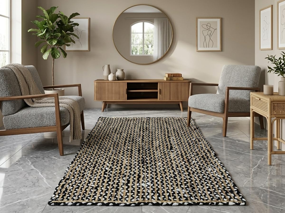 Tapis décoratif noir et blanc fait à la main en coton et jute | Tapis géométrique moderne de style bohème | Tapis de plancher de salon respectueux de l'environnement – 1,2 m carré