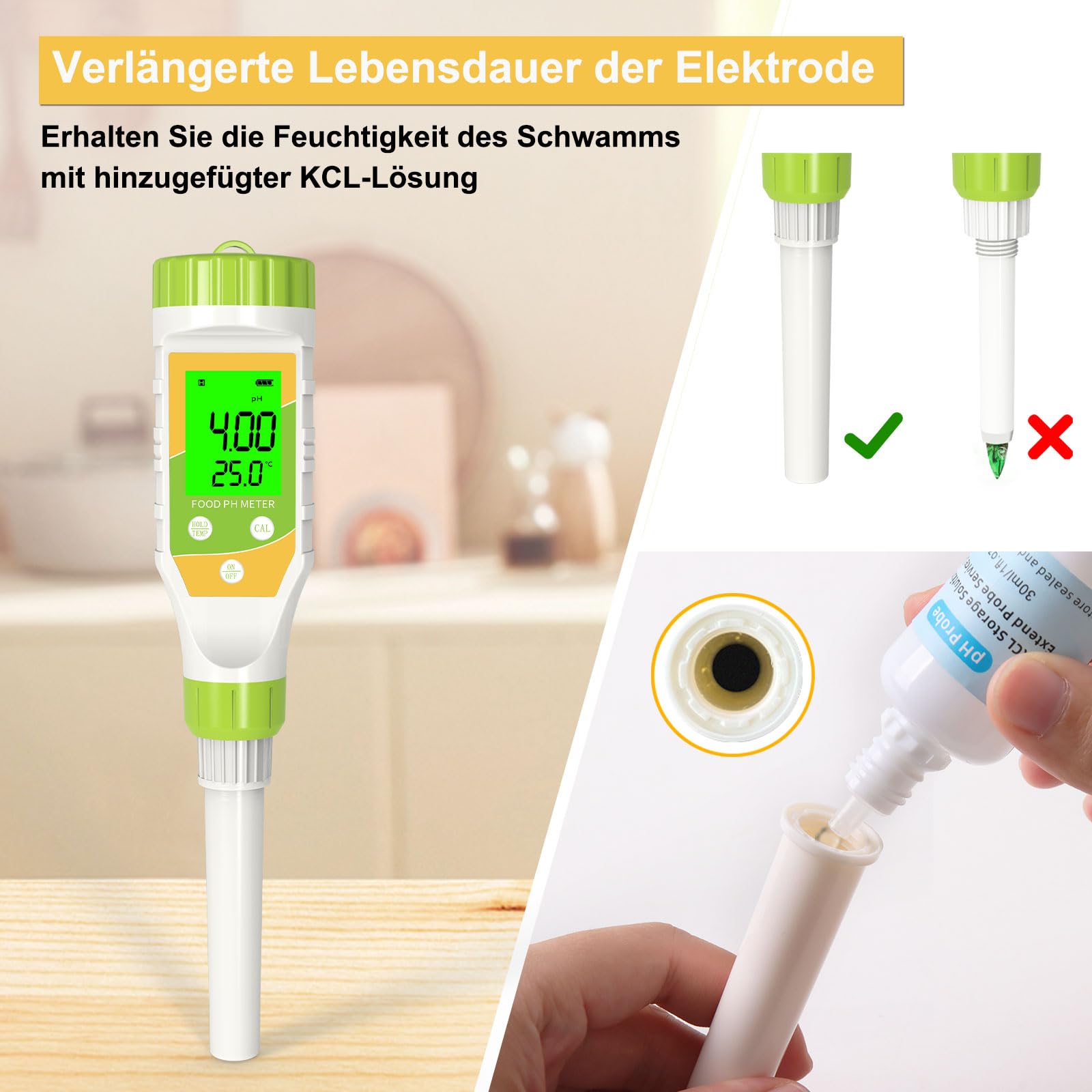 Medidor digital de pH para alimentos, resolución 0.01, probador de pH de alimentos de alta precisión con pantalla LCD retroiluminada y ATC para carne, pan, enlatado, elaboración de cerveza,