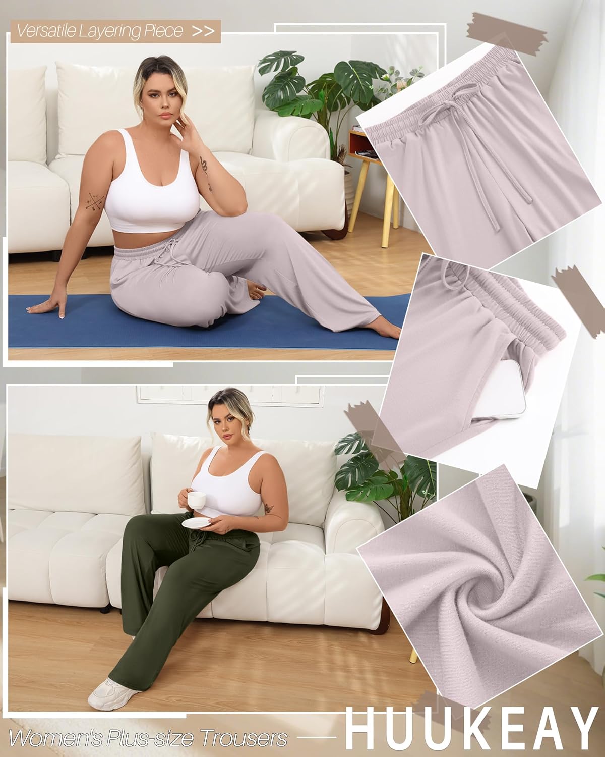 Huukeay 3 Pack Women's Plus Size Wide Leg Lounge Pants, Drawstring Baggy Yoga Pants Casual Loose Sweatpants - Image 3