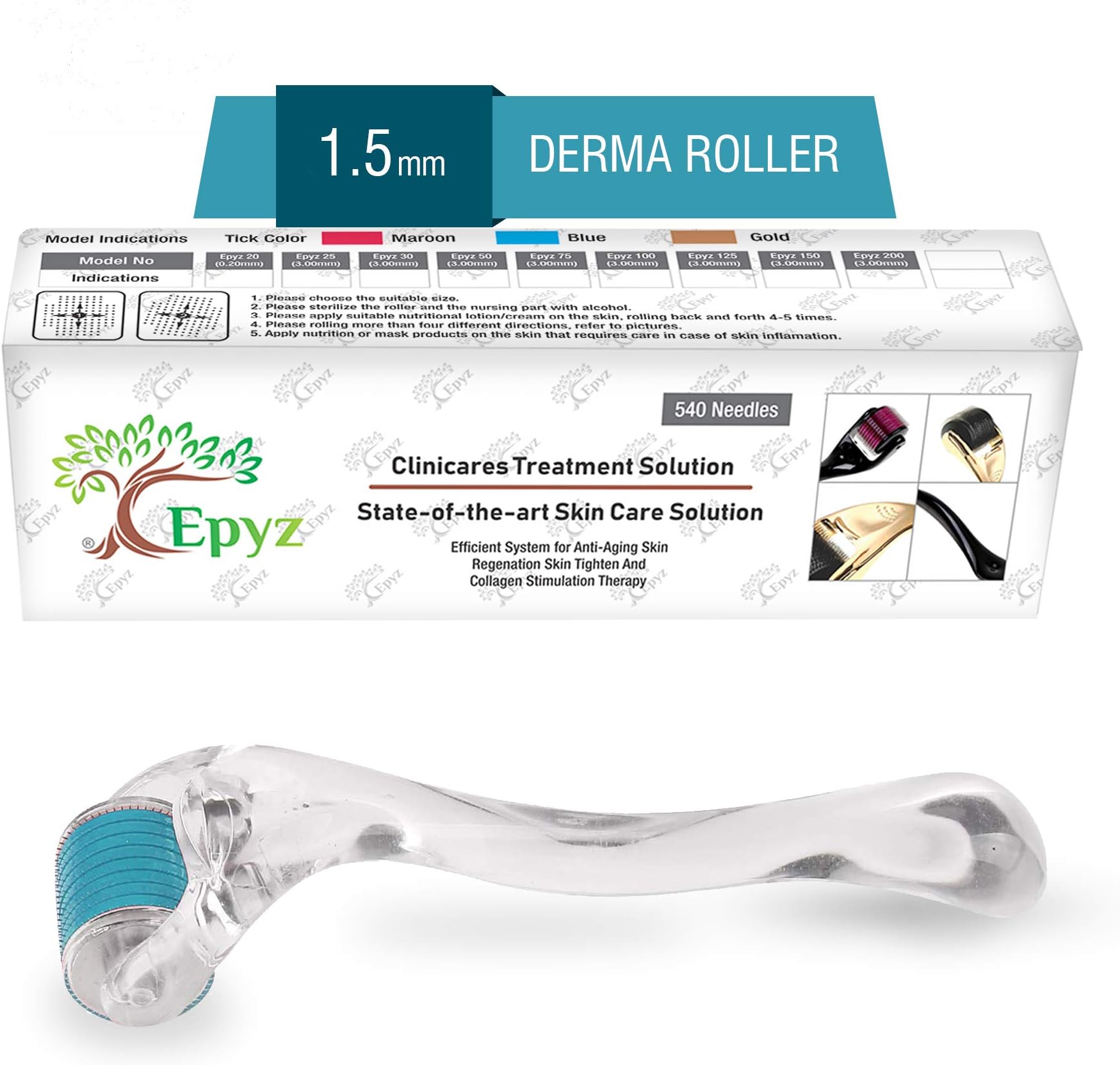 Epyz Derma Roller Transparant With 540 Alloy Needles (1.5mm, Blue)