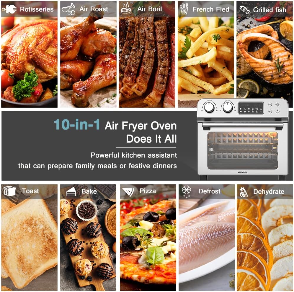 Flash Deals - 40% OFF 10-in-1 Air Fryer Toaster Oven Combo, CUSIMAX 24 Quart/6 Slices Large Convection Oven, Countertop Oven with Rotisserie, Dehydrator for Chicken, Pizza, 6 Accessories & Recipes, 1700W, Stainless Steel (24.5QT)