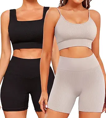 FINETOO Workout Sets for Women 4 Pieces Ribbed Crop Tank Shorts Active Gym Exercise High Waisted Sports Yoga Outfit S-L