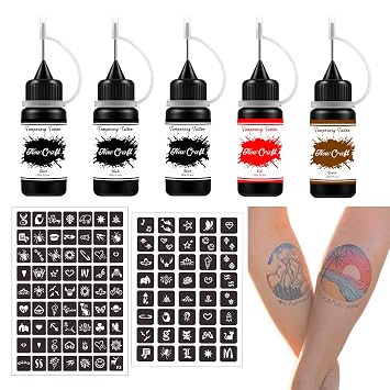 Temporary Tattoos Kit, Semi Permanent Tattoo, 3 Colors DIY Tattoos, Full Kit 64 Pcs Adhesive Stencil for Women Men Body Markers - 5 Bottles Black/Red/Brown