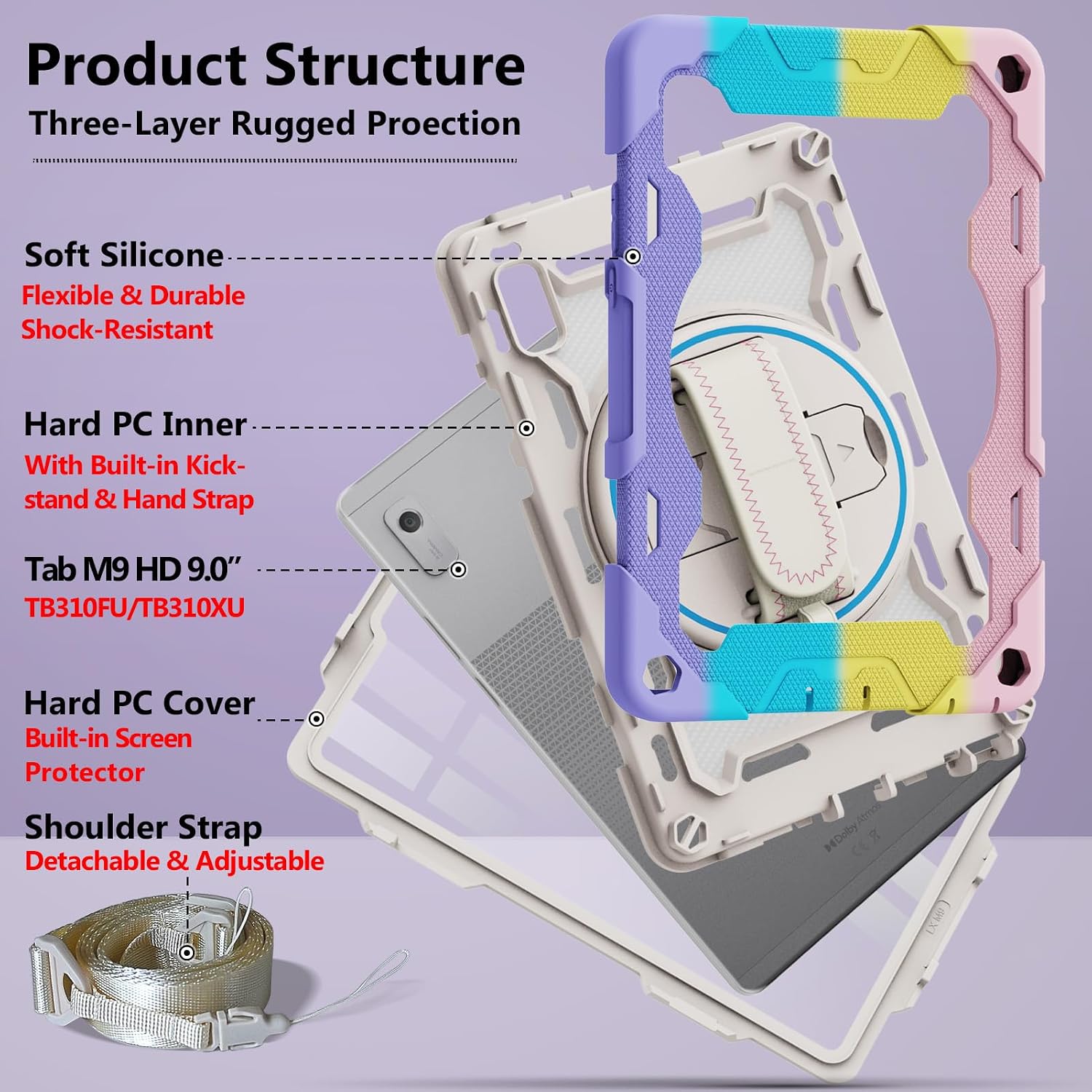 Tablet Case for Lenovo Tab M9 9.0" Tablet 2023 (TB310FU/TB310XU) with Screen Protector Full Rugged Protection Cover with Hand and Shoulder Strap 360 Rotating Kickstand for Girls, Pink