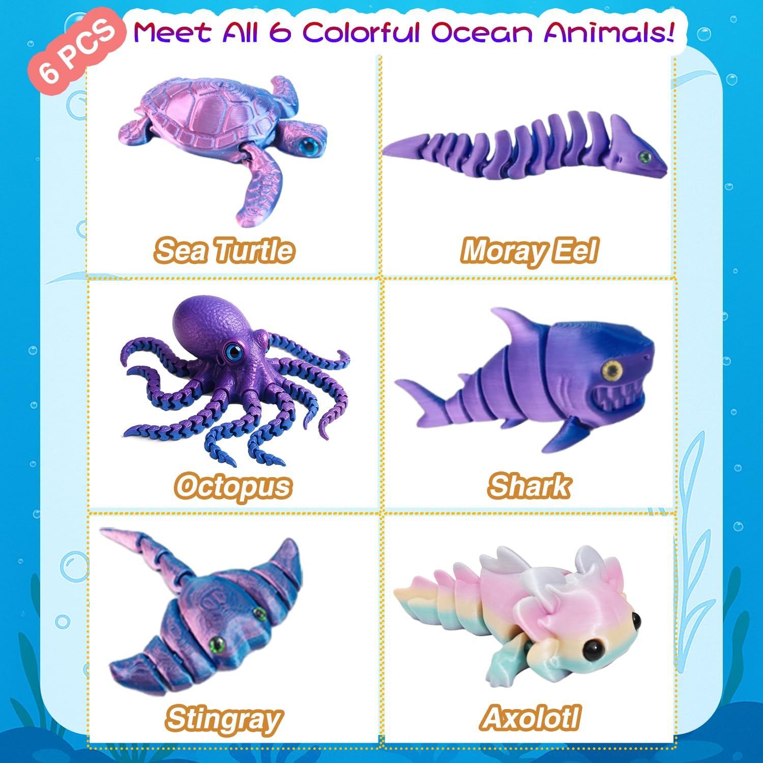 3D Printed Sea Creatures- 6Pcs Large Articulated Ocean Animals Set - Unique Flexible Fidget Toys for Kids Birthday Gifts, Party Favors, Goodie Bag Fillers, Desk Decor