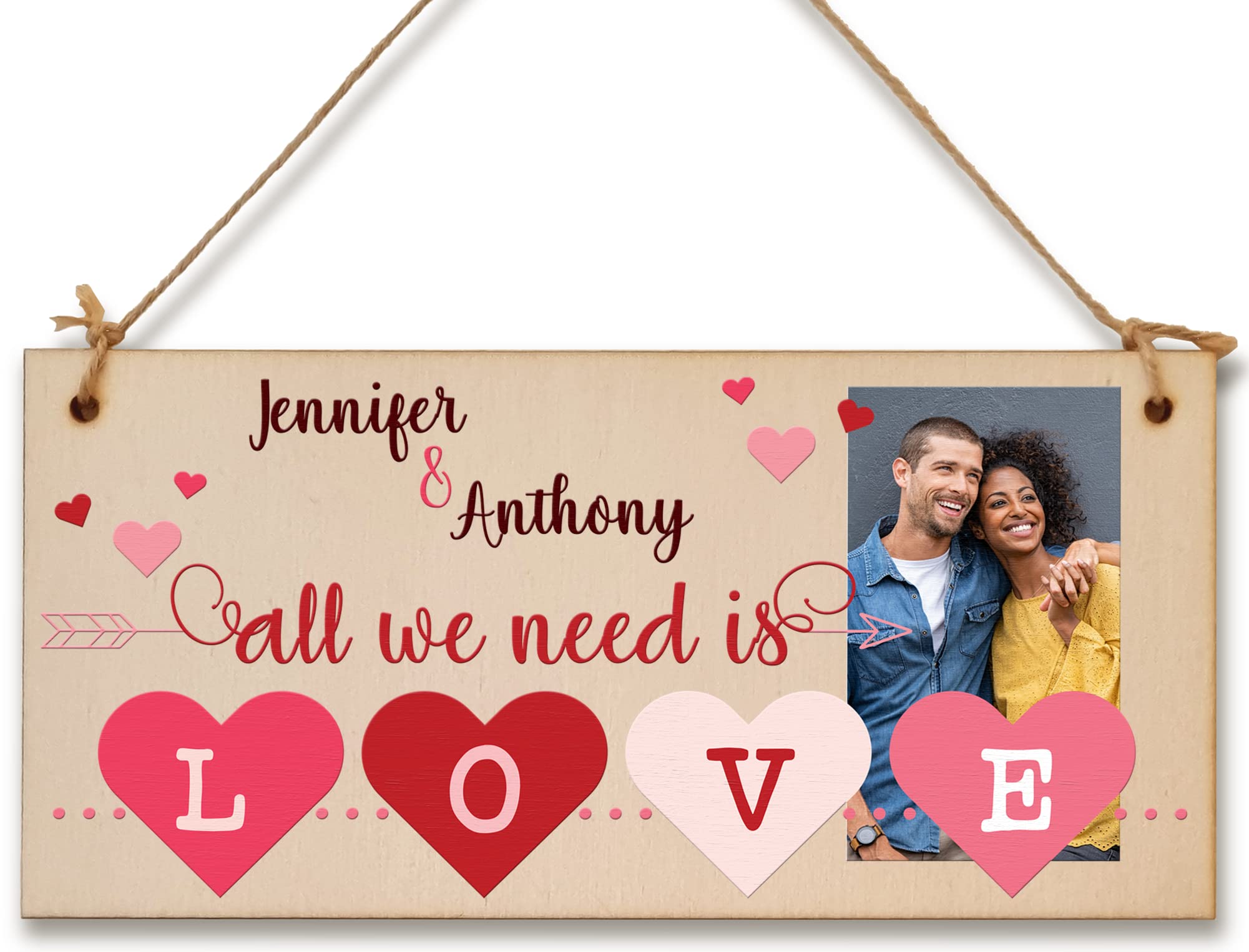 The Plum Penguin Romantic Colors (Red, Pink, White) With Black Text Personalised Wooden Plaque With Photo All We Need Is Love Romantic Valentine's Anniversary Keepsake For Him Her Hanging Gift Home Decor