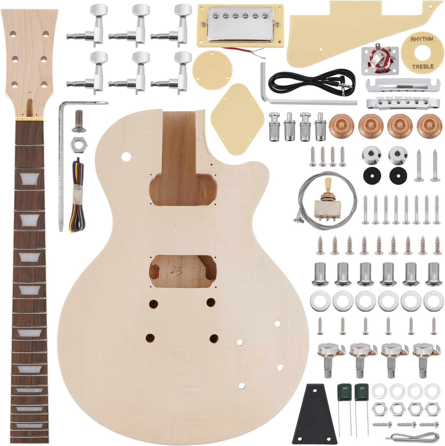 ZEFF DIY Electric Guitar Kit with Basswood Body,6 Strings Electric Guitar Kits W/Maple Neck, Rosewood Fretboard, H-H Pickups, All Accessories Included, Adjustable Bridge System