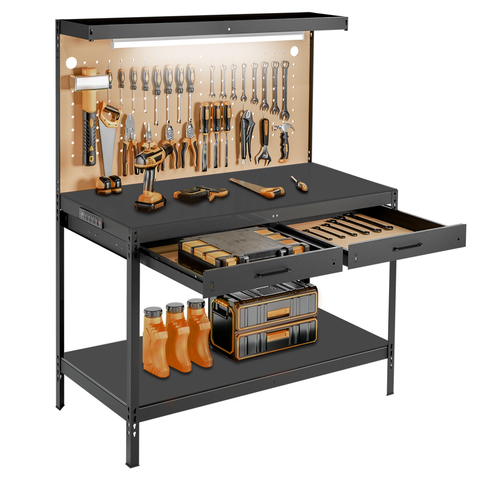 Work Bench, Work Benches for Garage, Work Table, A3 Steel 600LBS Capacity Workbench for Garage Tool Storage Workshop Basement, Tool Table Bench