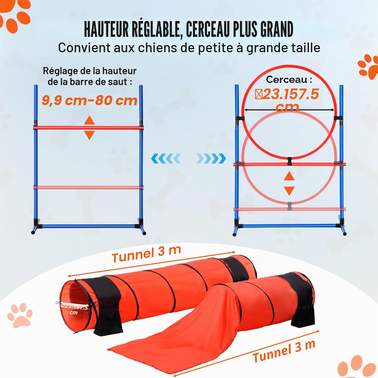 VEVOR Kit Équipements d'Entraînement Agilité pour Chien, Ensemble 7PCS, Parcours Obstacles pour Chiot, avec Haies Hautes Réglables, 6 Poteaux, 2 Tunnels, Anneau de Saut, Boîte Pause, Sifflet, Bol