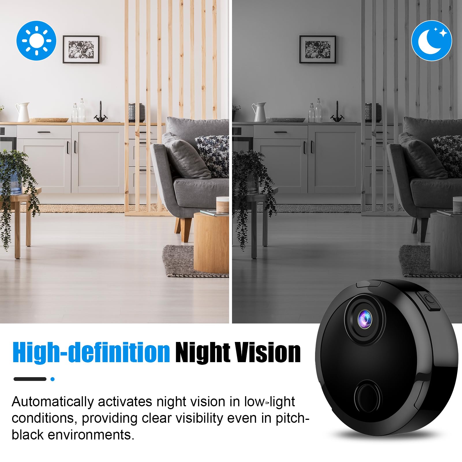 Mini Caméra de Surveillance WiFi 1080P Intérieur, Camera Intérieur et Extérieur sans Fil avec 2.4GHz WiFi, Vision Nocturne et Détection de Mouvement, pour Maison et Voiture
