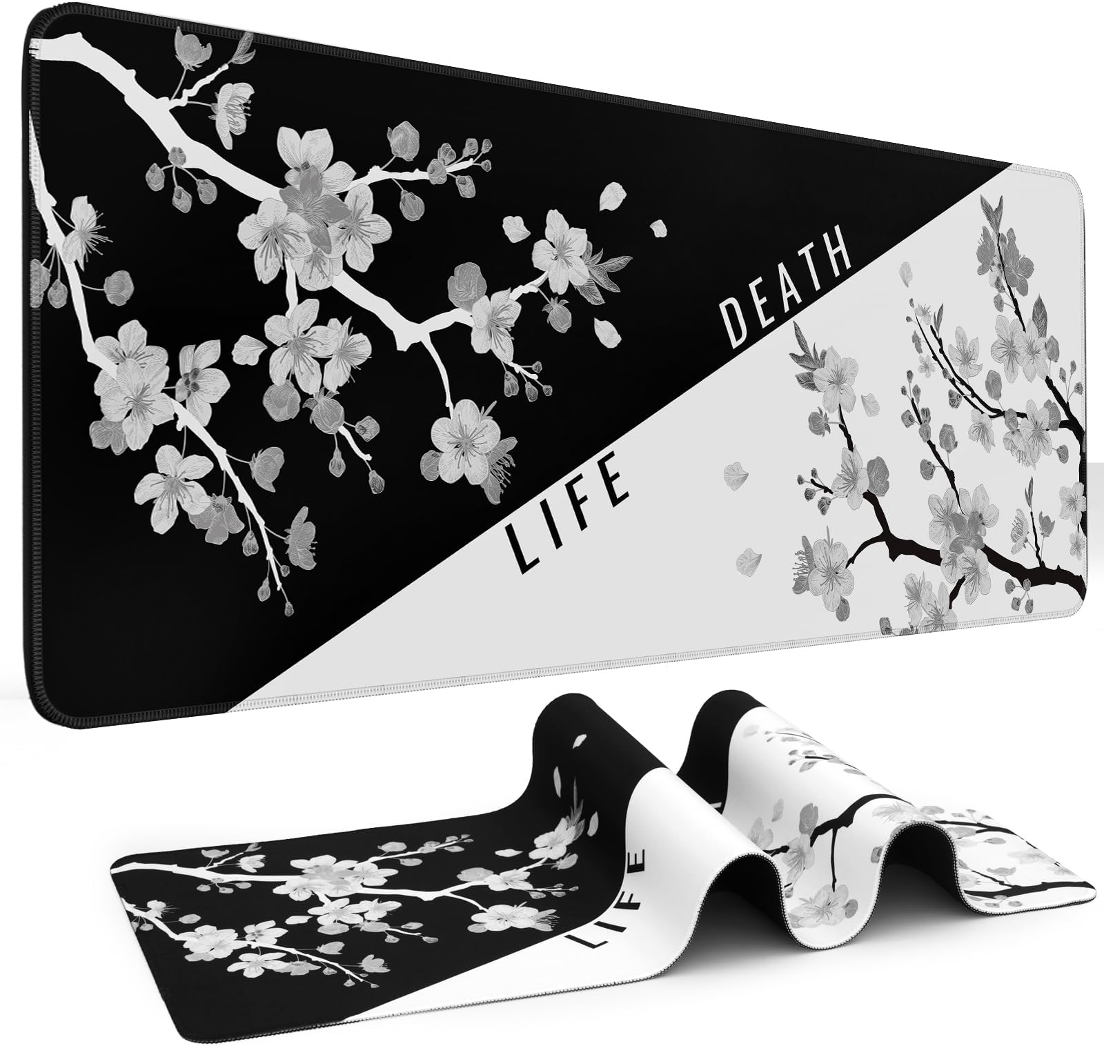 DIGSOM Mouse Pad Gaming Keyboard Pad 31.5 x 11.8 in Gaming Mouse Pad with Anti-Slip Rubber Base and Stitched Edges, Japanese Life Death Keyboard Mat(Black with White Cherry Blossom)