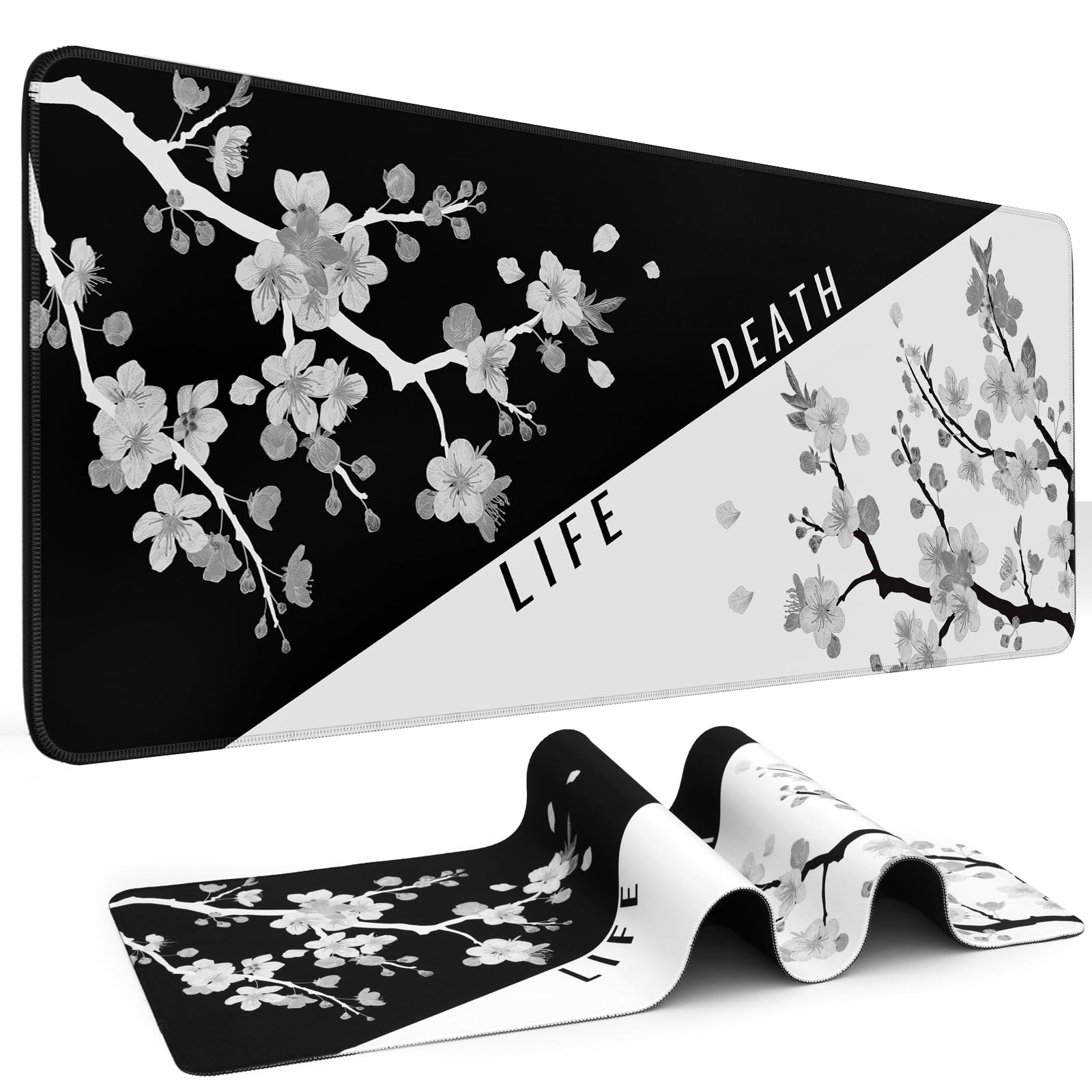 Mouse Pad Gaming Keyboard Pad 31.5 x 11.8 in Gaming Mouse Pad with Anti-Slip Rubber Base and Stitched Edges, Japanese Life Death Keyboard Mat(Black with White Cherry Blossom)