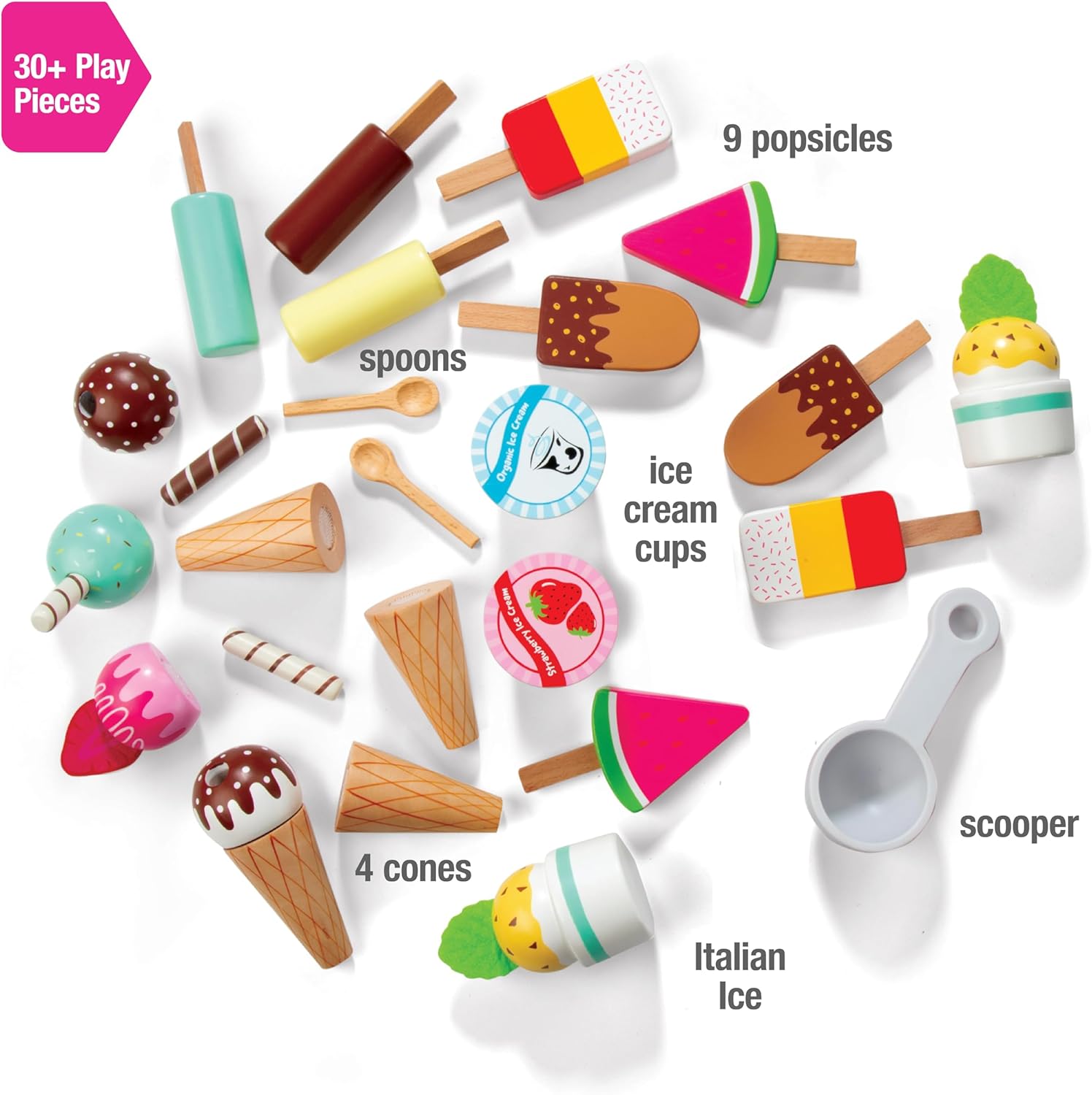 Ice Cream Truck Wooden Playset- 20 Fun Toy Pieces Including Freezer, Steering Wheel, Sink & Sticker Sheet for Kids Name- Popsicles, Cones, Scooper- Play Stand for Indoor Activity Center, Ages 3+ Gift