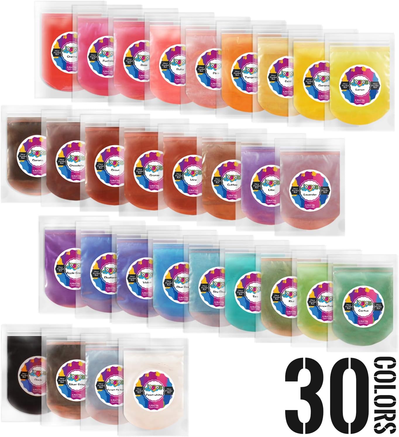 Joyjoz Mica Powder, 30 Colors Pigment Powder, 10g/0.35oz Each Color Epoxy Resin Dye - Cosmetic Grade Colorant Dyes for Slime Coloring, Soap Making, Bath Bombs, DIY Art, Eye Shadow, Nail Polish