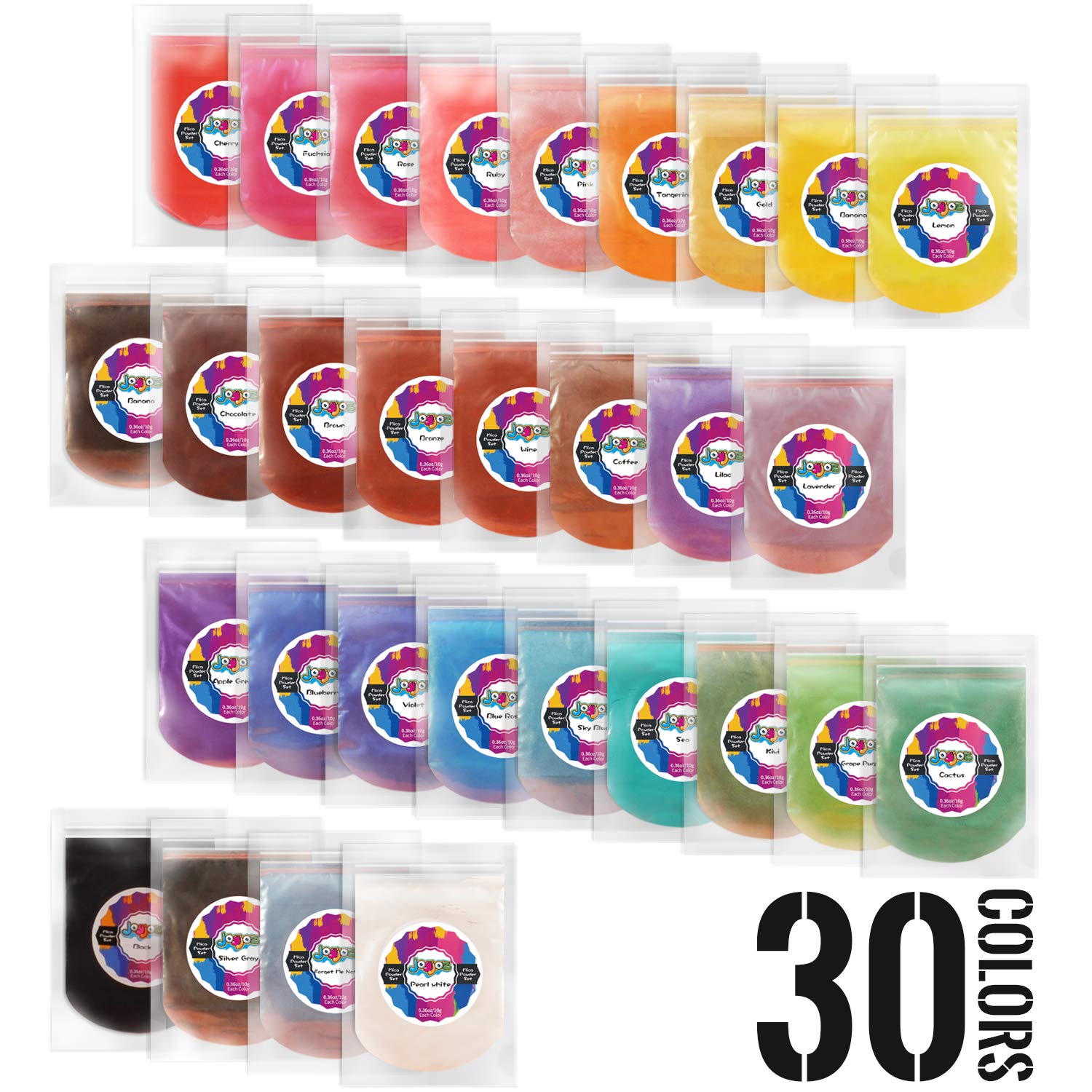 Joyjoz Mica Powder, 30 Colors Pigment Powder, 10g/0.35oz Each Color Epoxy Resin Dye - Cosmetic Grade Colorant Dyes for Slime Coloring, Soap Making, Bath Bombs, DIY Art, Eye Shadow, Nail Polish