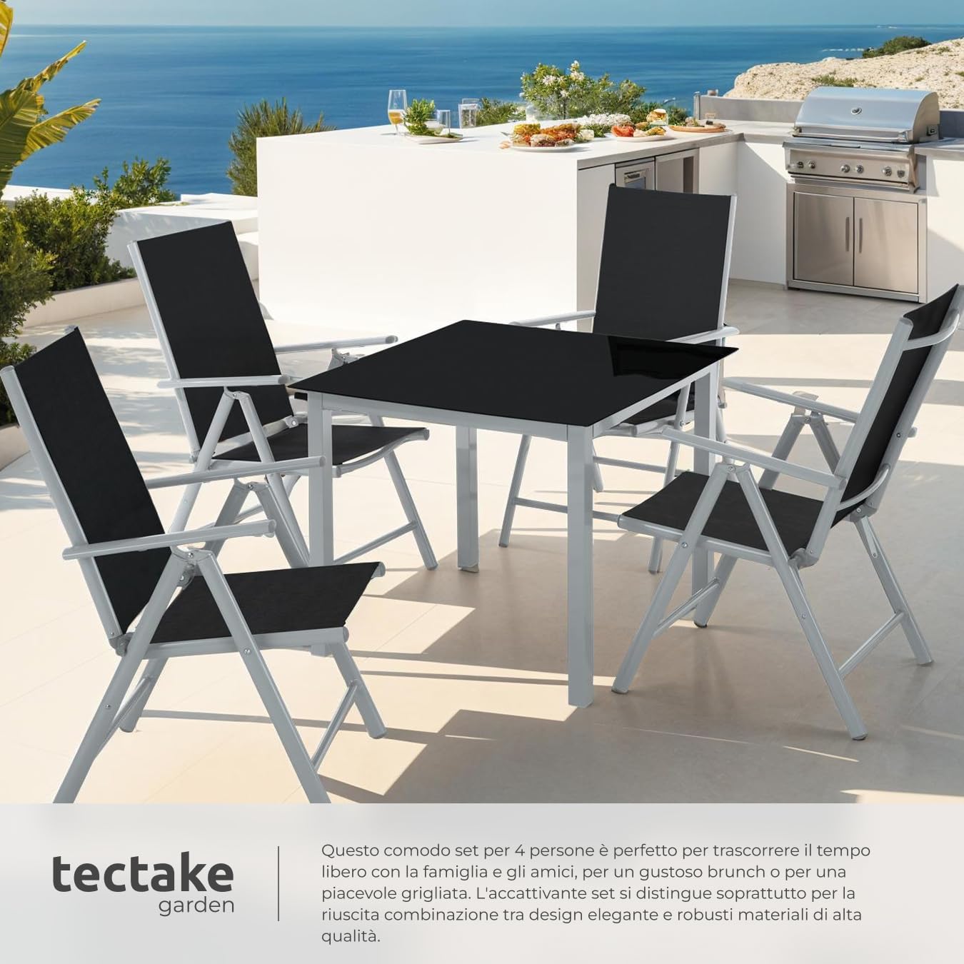 tectake® Set Tavolo da Esterno con Sedie, Telaio Alluminio, 1 Tavolo da Giardino Piano in Vetro, 4 Sedie Pieghevoli, Schienale Reclinabile 8 Posizioni, Set Resistente alle Intemperie - Grigio/Argento